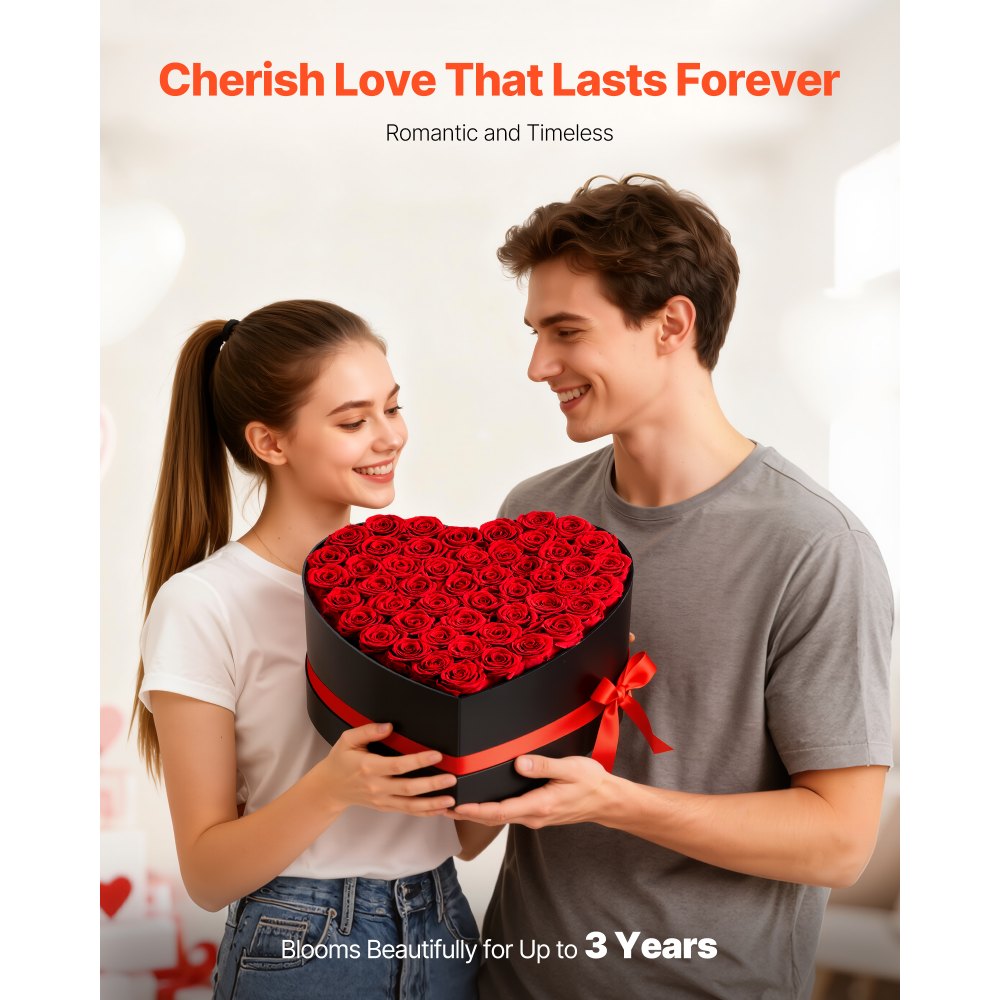 VEVOR Forever Flowers, 50 Preserved Roses in a Heart Shape Box, Eternal Flowers Immortal Bouquet Birthday Present for Delivery Prime Women Her Wife Mothers, Anniversary, Valentine's Day,Christmas, Red