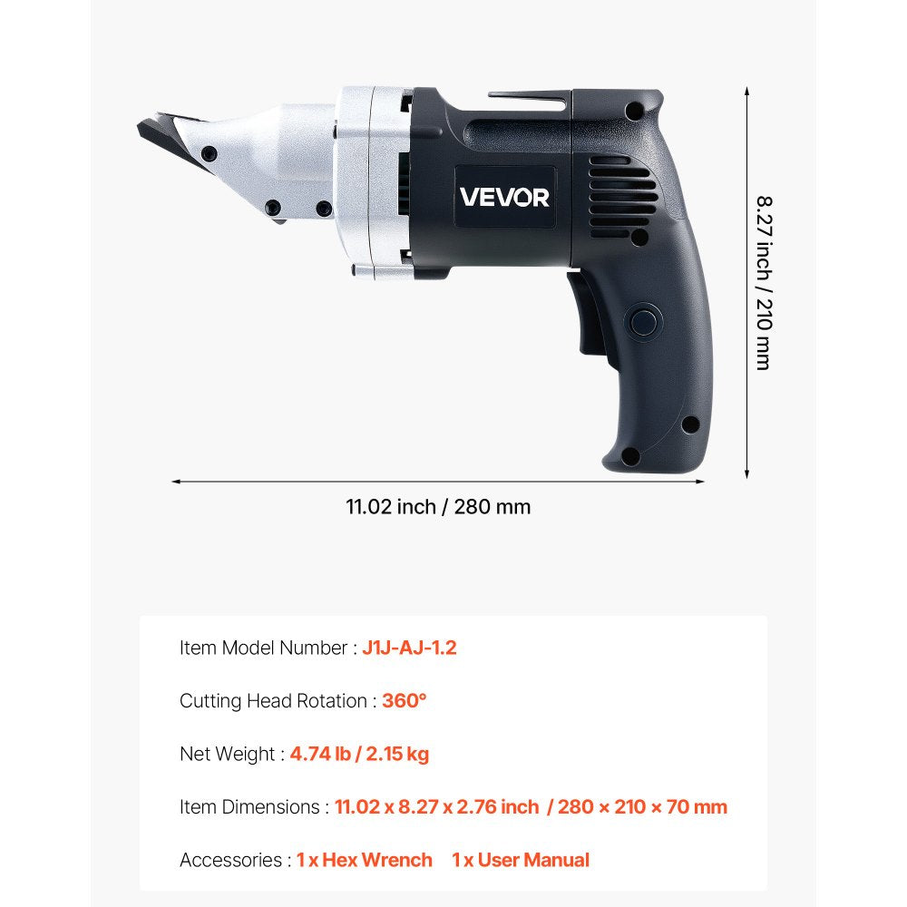 VEVOR Electric Metal Shear, 4.0-Amp Corded Sheet Metal Cutter with 360-Degree Swivel Head, Variable Speed, Continuous Cutting, Clean Cut for 18GA Galvanized Steel, 20 GA Stainless Steel, 2500 SPM