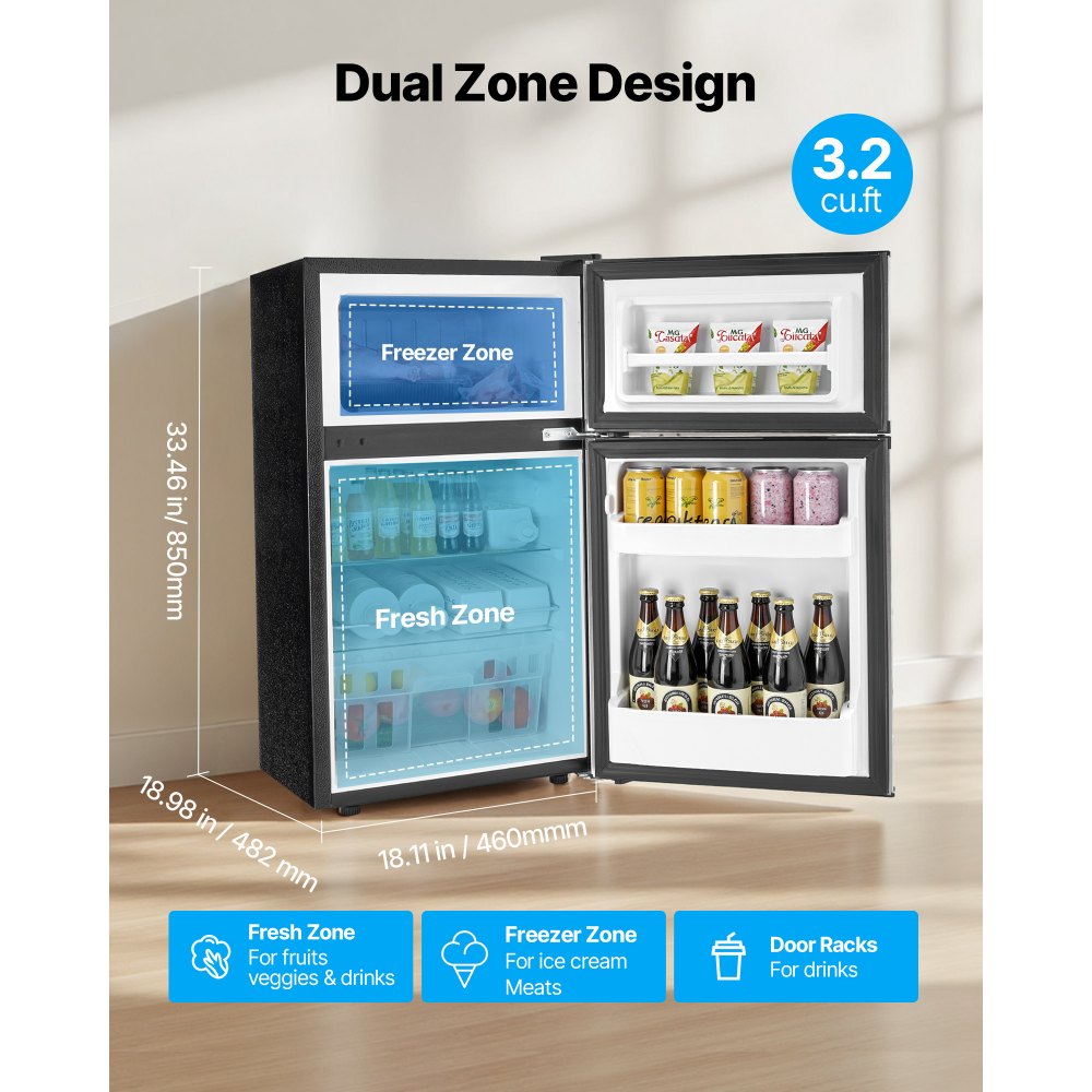 VEVOR mini fridge with freezer dual zone design 3.2 cu.ft - dimensions and storage zones