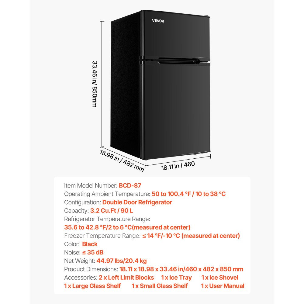 VEVOR mini fridge with freezer product dimensions and specifications overview graphic