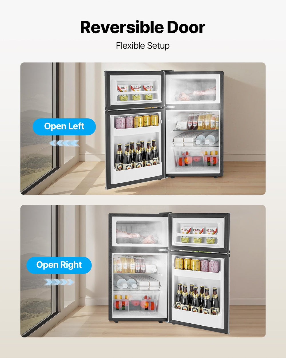 VEVOR mini fridge with freezer reversible door - open left or right illustration