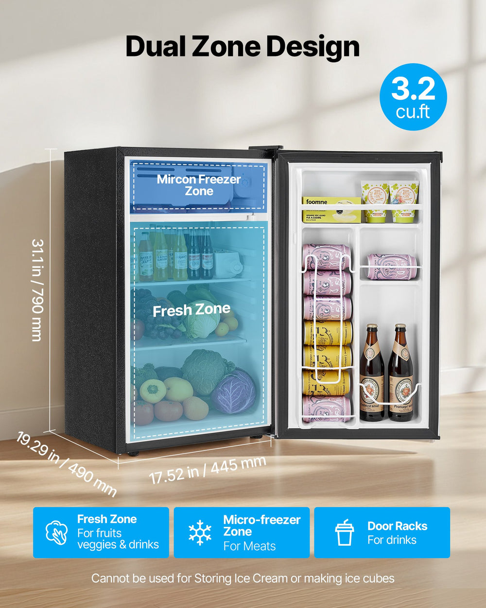 VEVOR Mini Fridge 3.2 Cu.Ft - Dual Zone Design and Dimensions