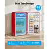 VEVOR mini fridge 3.2 cu.ft dual zone design layout with interior view