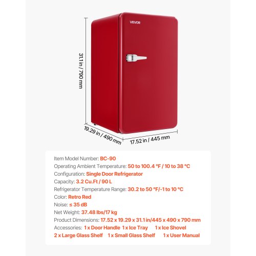 VEVOR mini fridge 3.2 cu.ft dimensions and key specs graphic