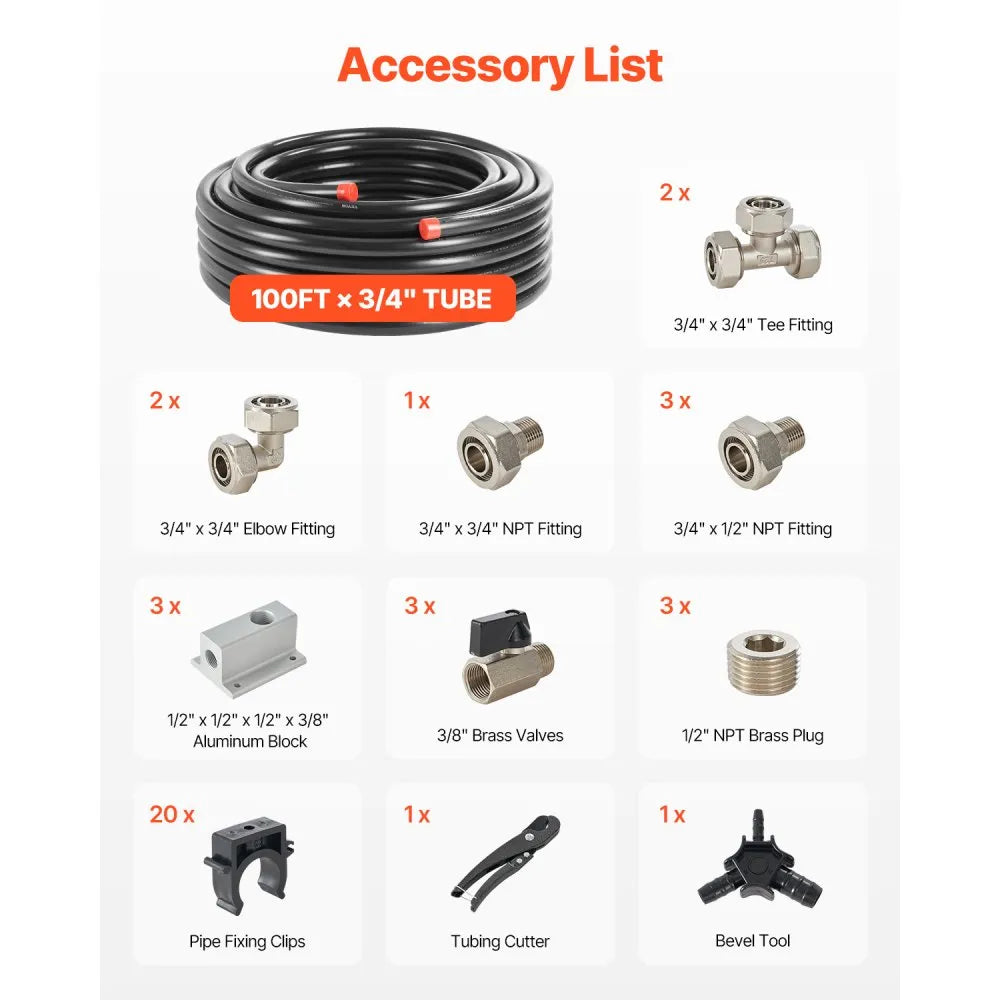 VEVOR Air Compressor Line Kit, 100FT x 3/4", HDPE-Aluminum Compressed Air Piping System, Leak-Proof, Pressure-Resistant & Easy-to-Install, Compressed Air Line Tubing Kit for Garages Workshops, Black
