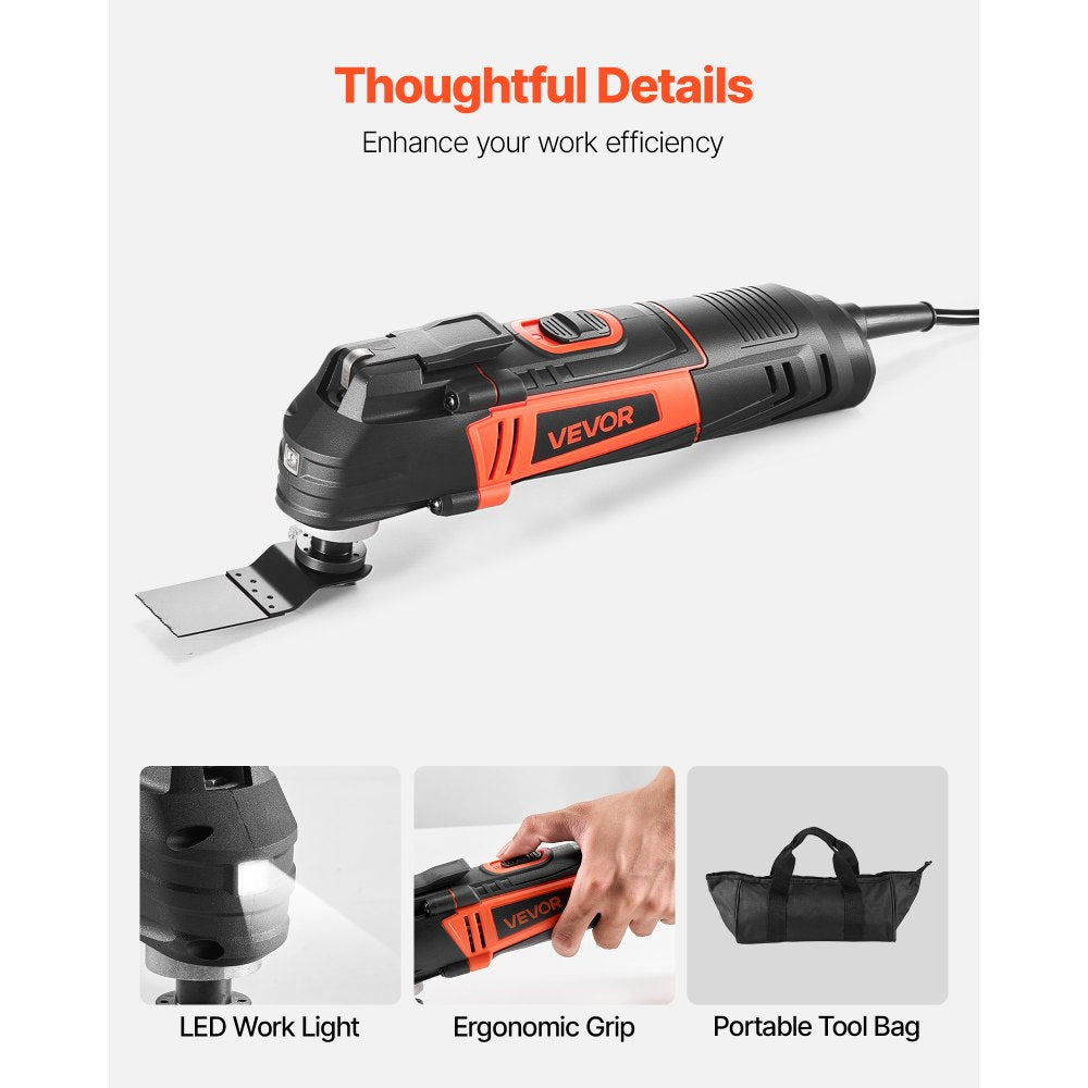VEVOR Multitool Oscillating Tool, 3Amps Corded Oscillating Multi Tool with 6 Variable Speeds 15000 - 22000 OPM, 3.2° Oscillating Angle, 13PCS Saw Accessories, LED Work Light & Tool Bag