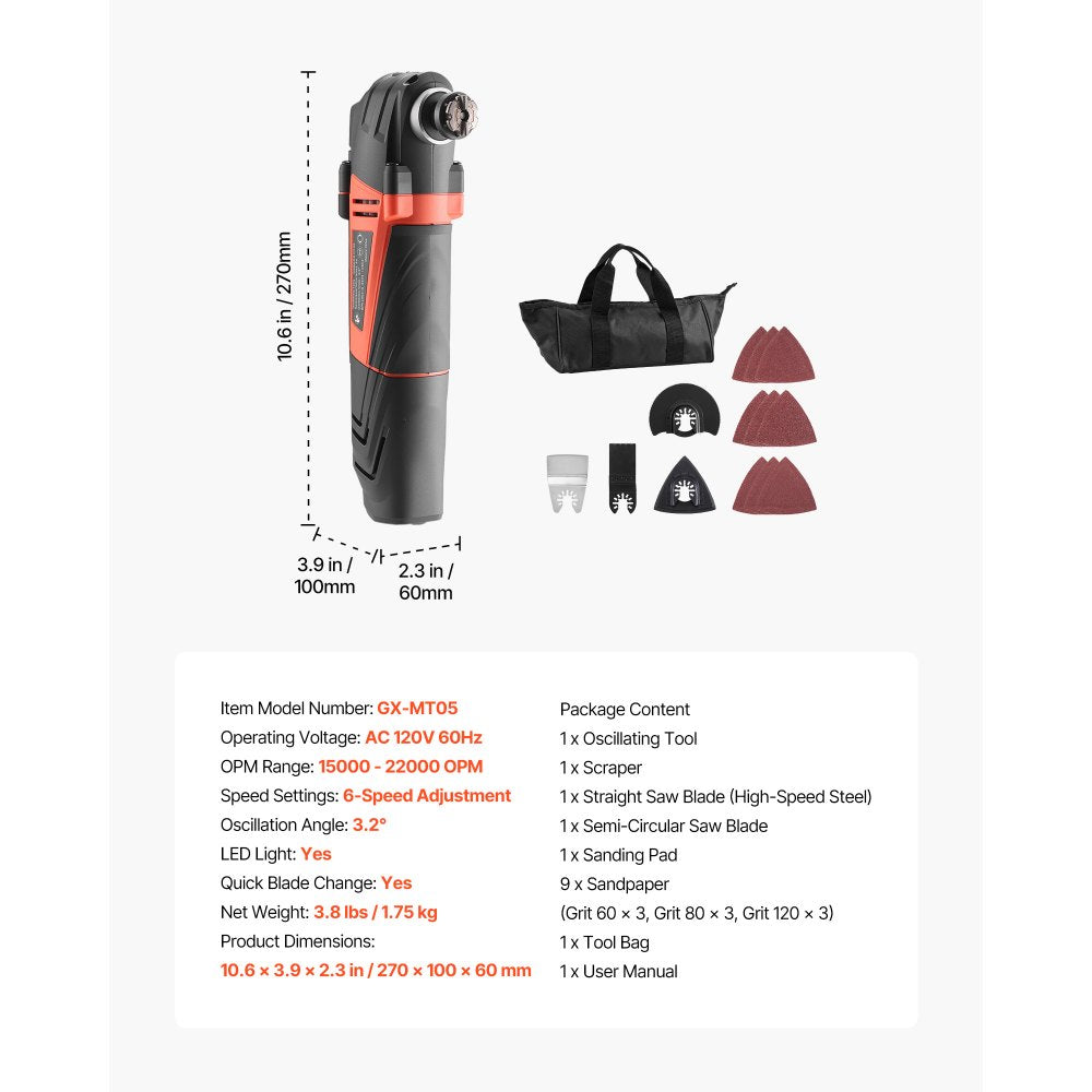 VEVOR Multitool Oscillating Tool, 3Amps Corded Oscillating Multi Tool with 6 Variable Speeds 15000 - 22000 OPM, 3.2° Oscillating Angle, 13PCS Saw Accessories, LED Work Light & Tool Bag