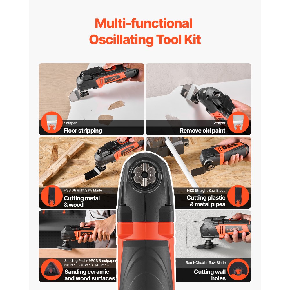 VEVOR Multitool Oscillating Tool, 4Amps Electric Oscillating Multi Tool Corded with 6 Variable Speeds 7000 - 19000 OPM, 3.2° Oscillating Angle, 13PCS Saw Accessories, LED Work Light & Tool Bag