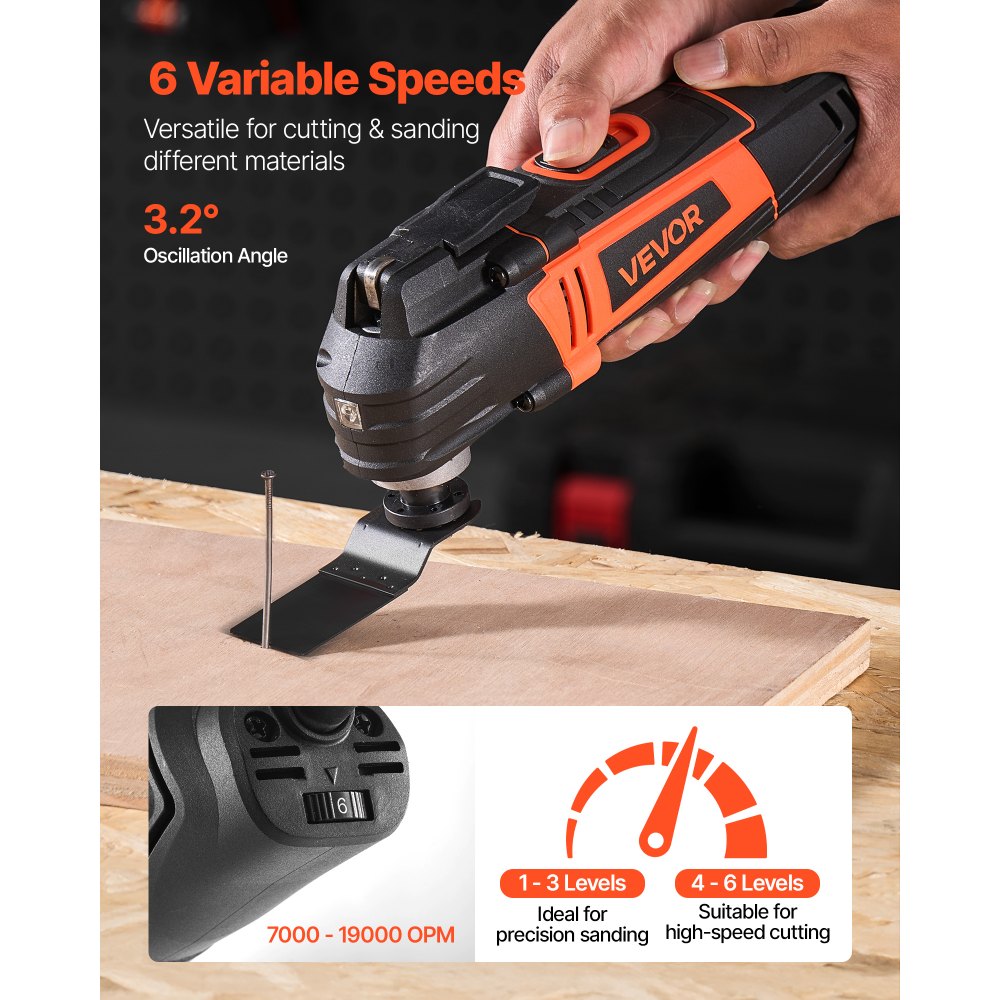 VEVOR Multitool Oscillating Tool, 4Amps Electric Oscillating Multi Tool Corded with 6 Variable Speeds 7000 - 19000 OPM, 3.2° Oscillating Angle, 13PCS Saw Accessories, LED Work Light & Tool Bag