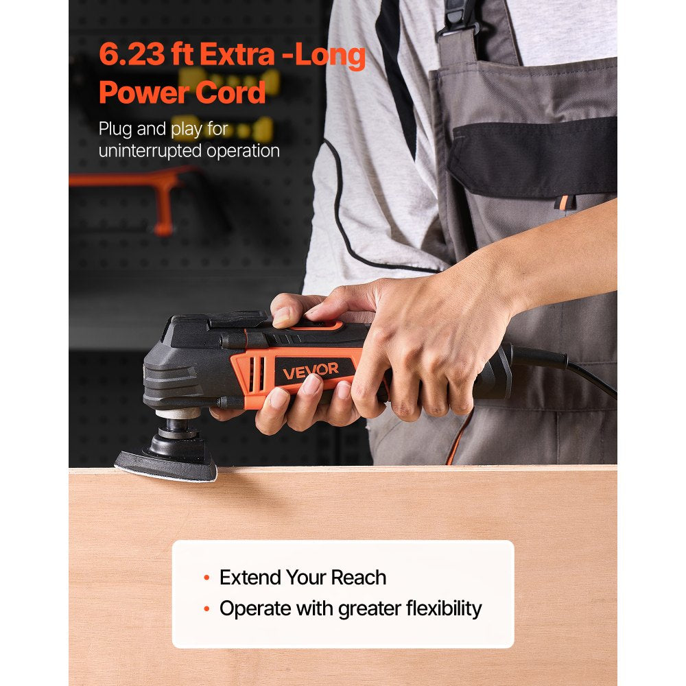 VEVOR Multitool Oscillating Tool, 4Amps Electric Oscillating Multi Tool Corded with 6 Variable Speeds 7000 - 19000 OPM, 3.2° Oscillating Angle, 13PCS Saw Accessories, LED Work Light & Tool Bag