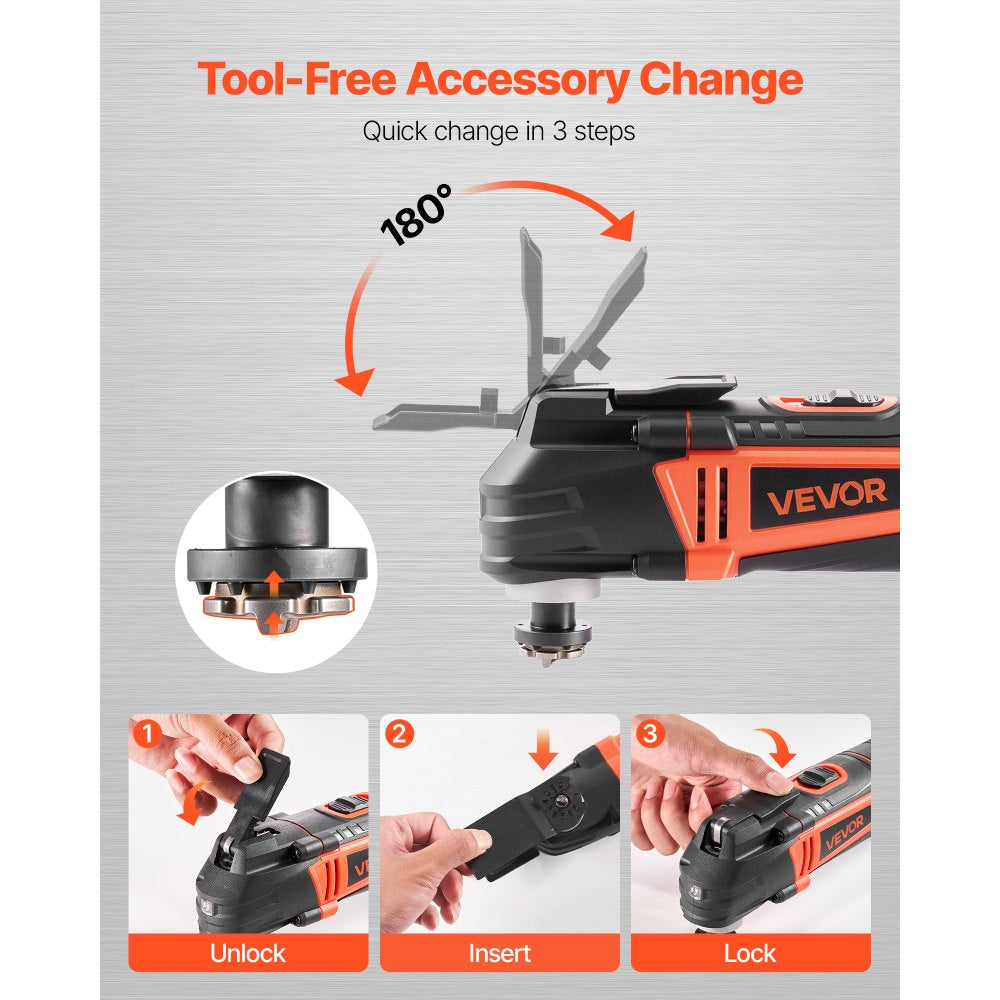VEVOR Multitool Oscillating Tool, 4Amps Electric Oscillating Multi Tool Corded with 6 Variable Speeds 7000 - 19000 OPM, 3.2° Oscillating Angle, 13PCS Saw Accessories, LED Work Light & Tool Bag