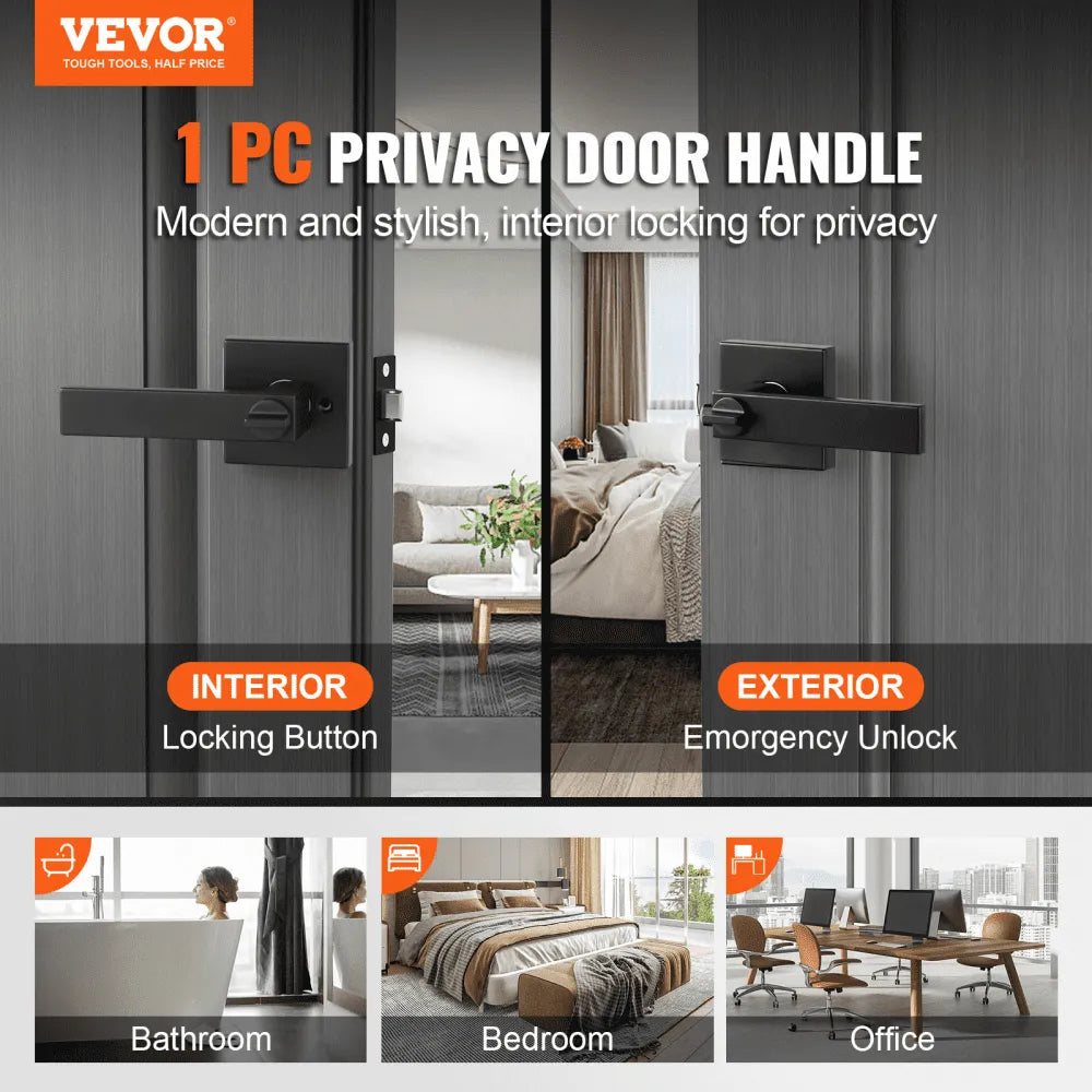 VEVOR Privacy Door Handle, 10 Pack Matte Black Door Lever, Left or Right Handing Reversible Lever with Keyless Lock, 45° Rotation to Open, Universal Square Interior for Bedroom and Bathroom Doors