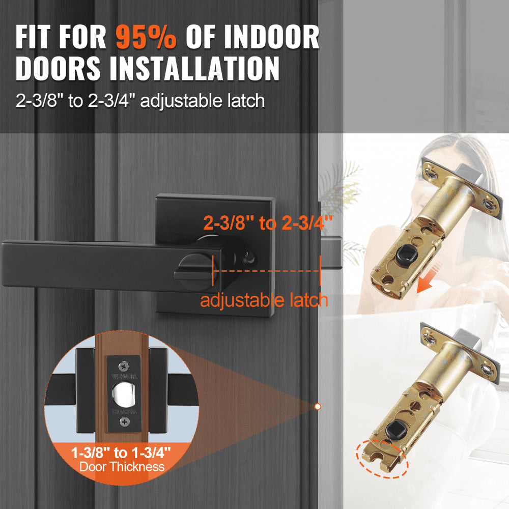 VEVOR Privacy Door Handle, 5-Pack Matte Black Door Lever, Right or Left Handing Reversible Lever with Keyless Lock, 45° Rotation to Open, Universal Square Interior for Bathroom and Bedroom Doors