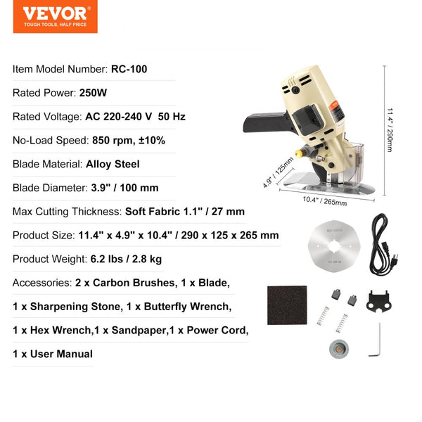 Vevor Fabric Cutter 250W Electric Rotary Cutting Machine New – FactoryPure
