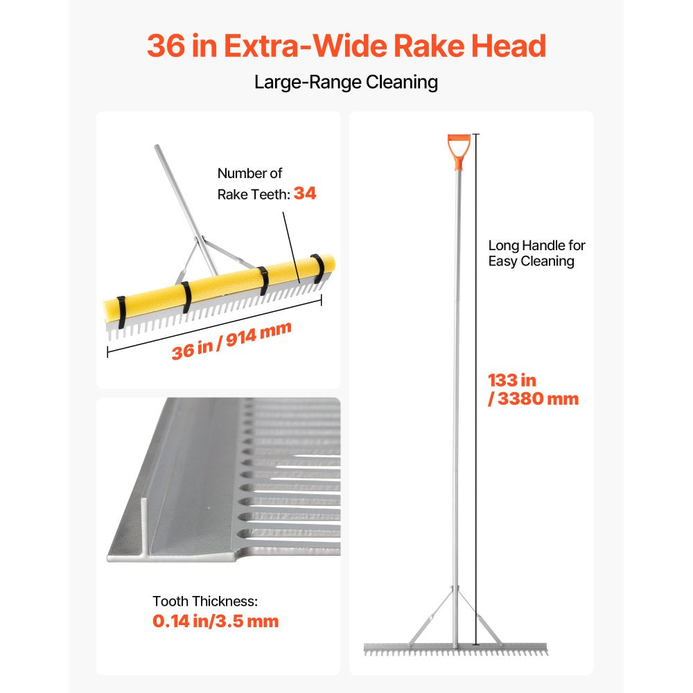 VEVOR Landscape Rake, 36 inch Wide Head 102 inch Handle, Large Heavy Duty Aluminum Landscaping Leaf Rake Tool, Asphalt Level for Loosening Soil, Garden & Yard, Pond Gravel & Beach Lawn Care, 52ft Rope