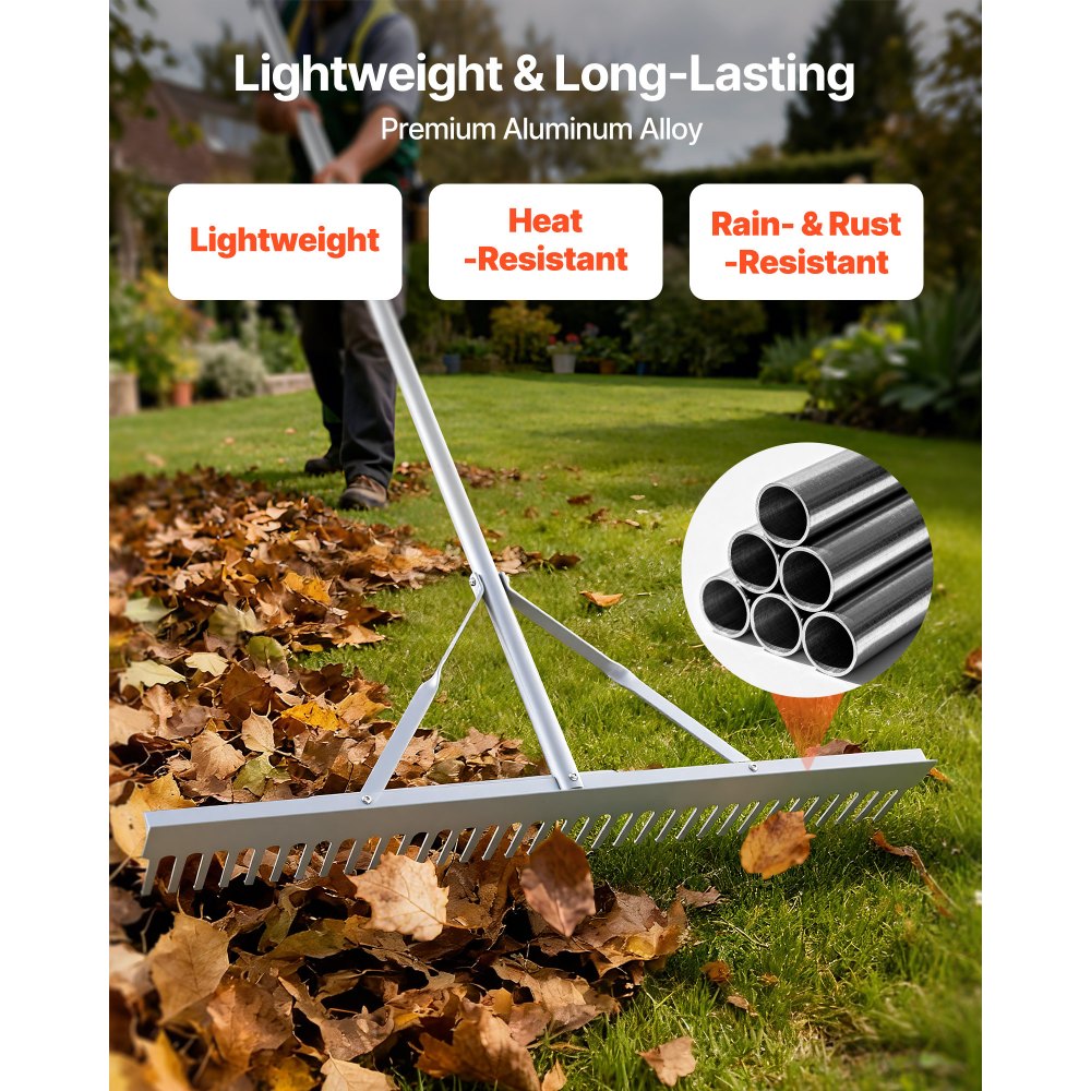 VEVOR Landscape Rake, 36 inch Wide Head 102 inch Handle, Large Heavy Duty Aluminum Landscaping Leaf Rake Tool, Asphalt Level for Loosening Soil, Garden & Yard, Pond Gravel & Beach Lawn Care, 52ft Rope