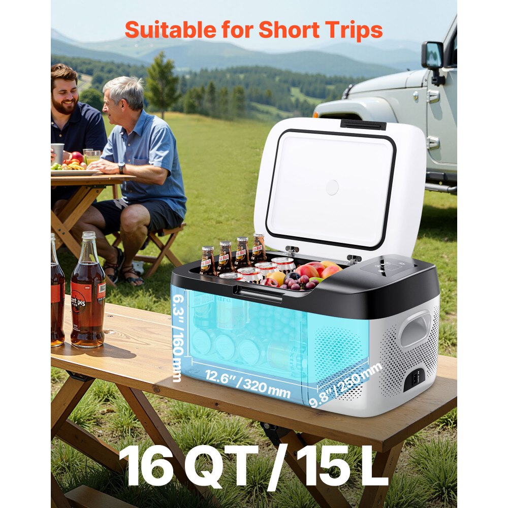 VEVOR Car Refrigerator, DC 12/24V AC100-240V Compressor Electric Cooler, -4°F to 68°F Car Fridge with APP Control, 16 QT Cars Freezer for RVs, Campsites, Boats, Camping, Fishing, 60W Portable Freezer