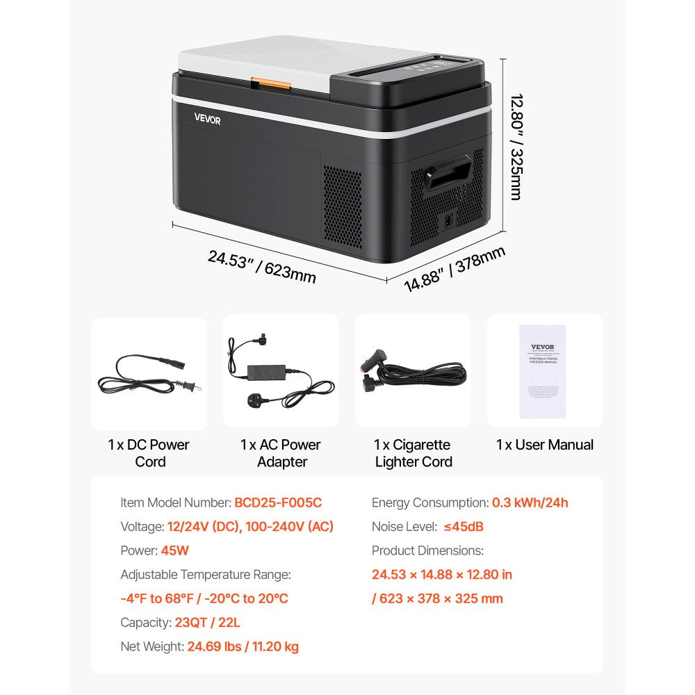 VEVOR Car Refrigerator, DC 12/24V AC100-240V Compressor Electric Cooler, -4°F to 68°F Car Fridge with APP Control, 23 QT Cars Freezer for RVs, Campsites, Boats, Camping, Fishing, 45W Portable Freezer