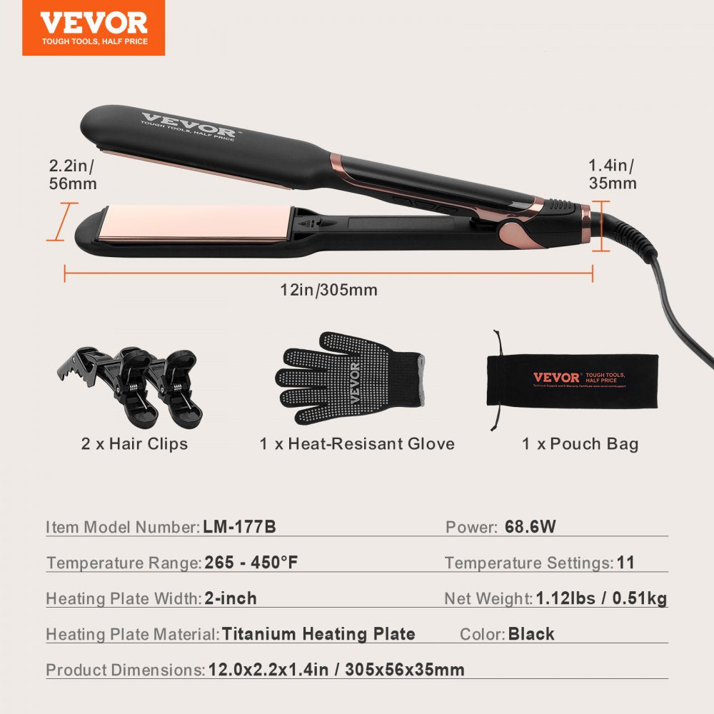 VEVOR Titanium Hair Straightener, 2-inch - Features Infrared, Negative Ions, Dual Voltage (110V/240V), LCD Screen & 11 Temperature Settings, Ideal for Salon, Home & Travel