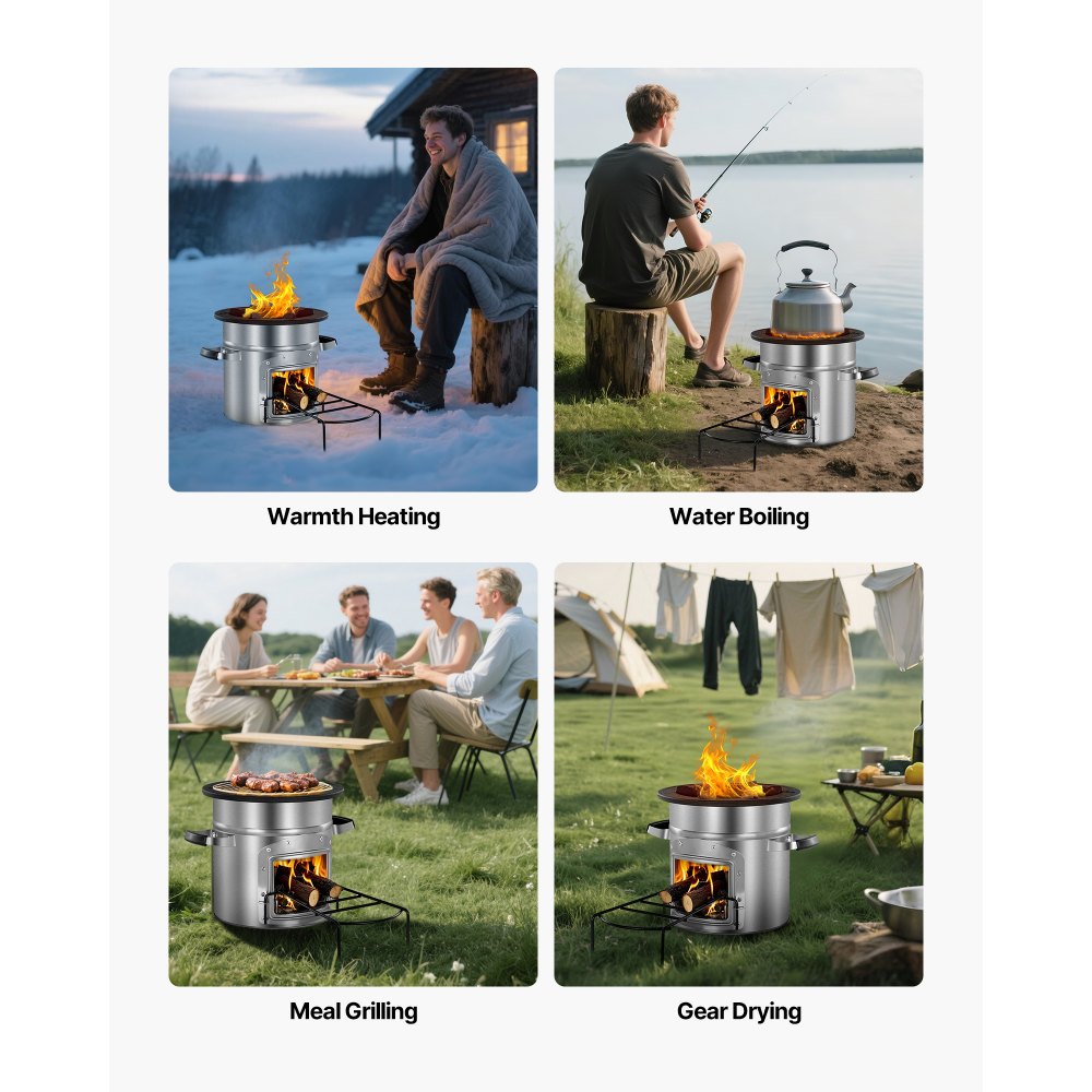 VEVOR Camping Rocket Stove, Wood Burning Portable Rocket Stove with Carrying Bag for Backpacking, Stainless Steel, Single Door, Burn Wood, Twigs or Sticks for Outdoor Cooking, Backyard, Camp Cooking