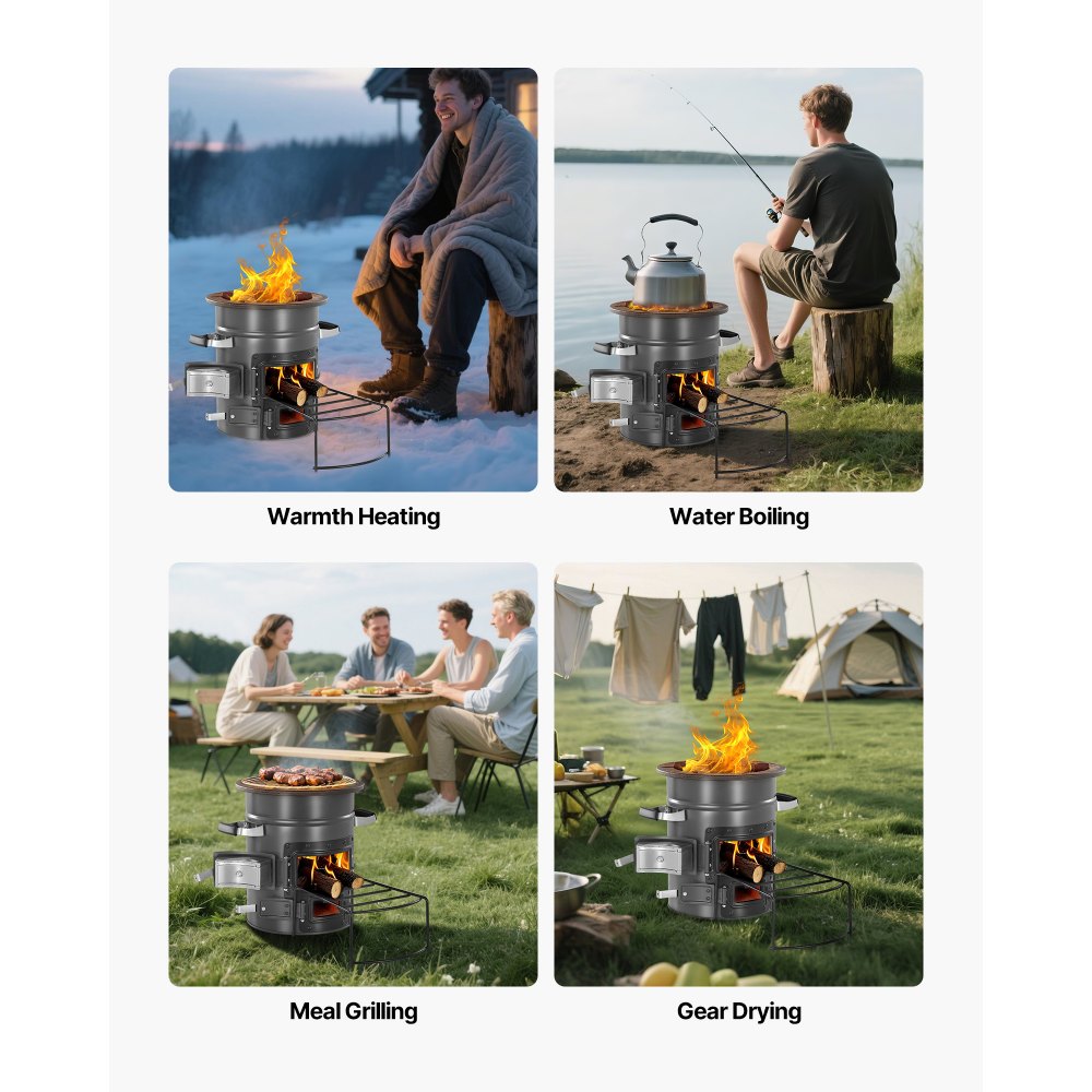 VEVOR Camping Rocket Stove, Wood Burning Portable Rocket Stove with Carrying Bag for Backpacking, SPCC Steel, Double Door, Burn Twigs, Sticks or Charcoals for Outdoor Cooking, Backyard, Camp Cooking