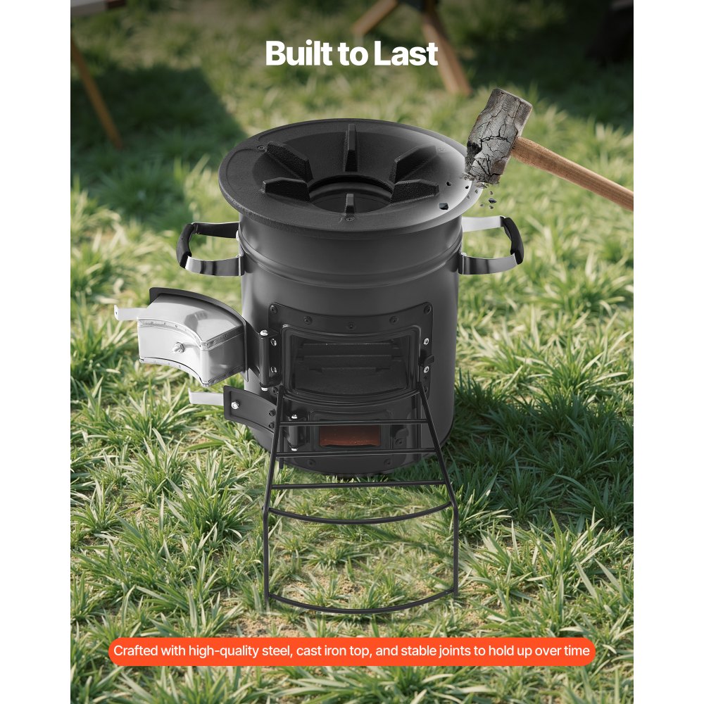 VEVOR Camping Rocket Stove, Wood Burning Portable Rocket Stove with Carrying Bag for Backpacking, SPCC Steel, Double Door, Burn Twigs, Sticks or Charcoals for Outdoor Cooking, Backyard, Camp Cooking
