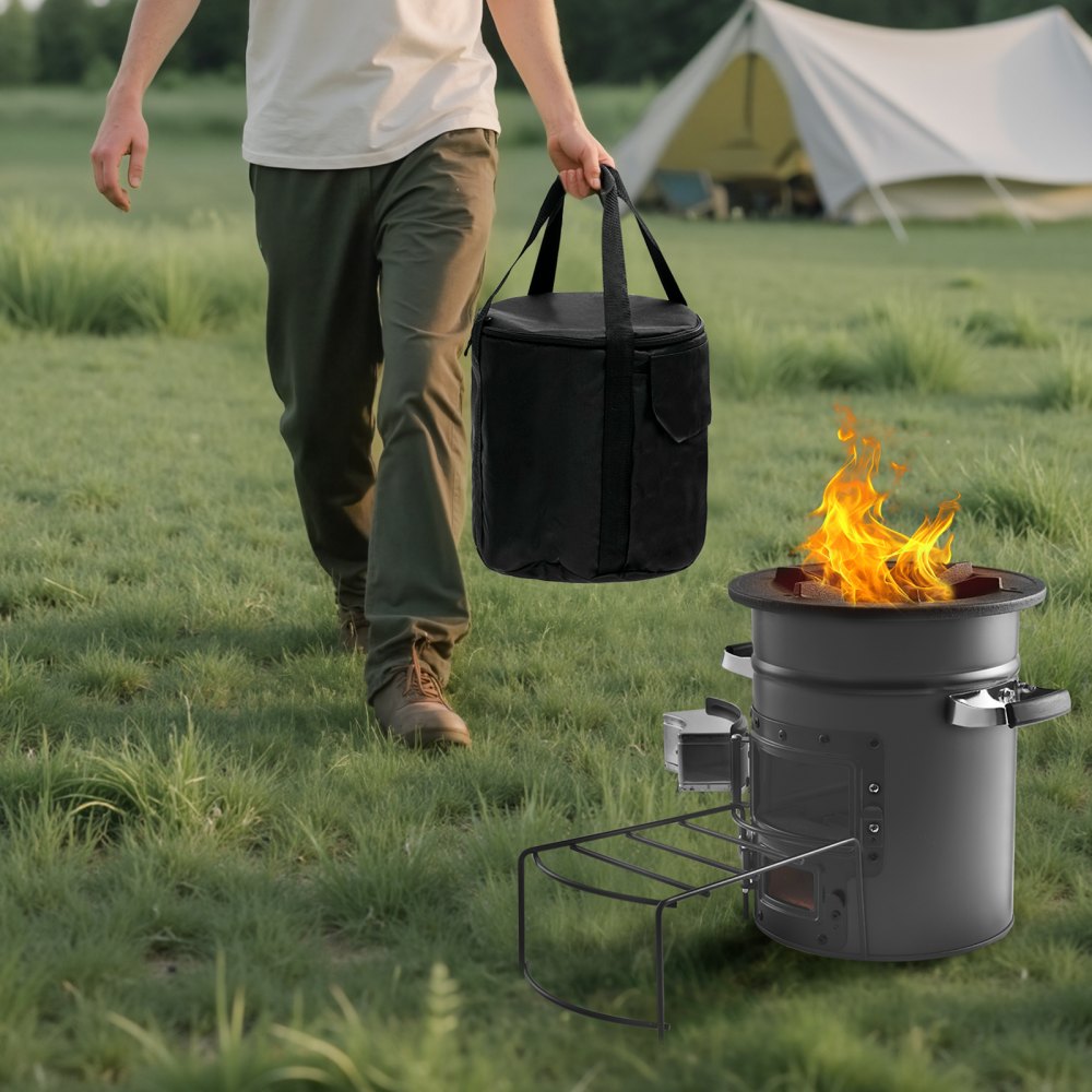 VEVOR Camping Rocket Stove, Wood Burning Portable Rocket Stove with Carrying Bag for Backpacking, SPCC Steel, Double Door, Burn Twigs, Sticks or Charcoals for Outdoor Cooking, Backyard, Camp Cooking