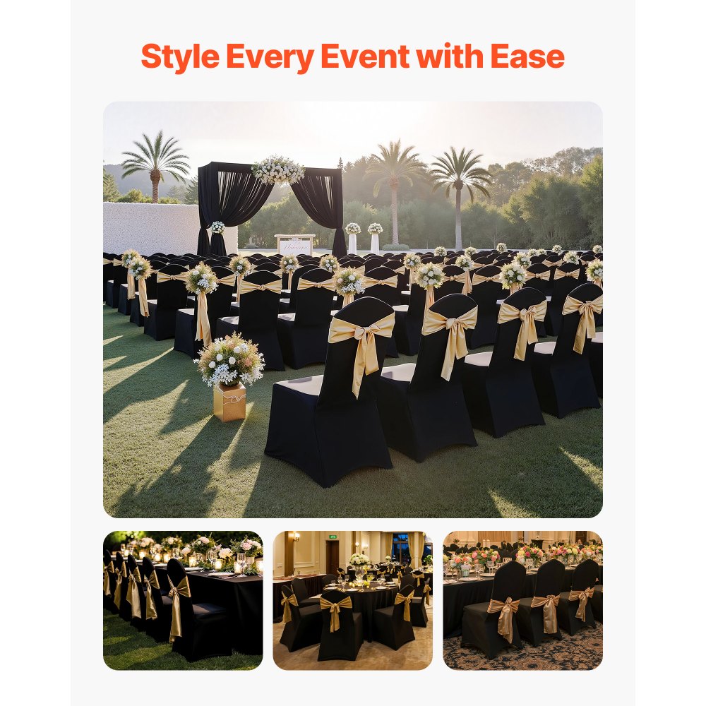 VEVOR 100 Pcs Black Chair Covers, Polyester Spandex Chair Cover, Stretch Slipcovers for Wedding Party Dining Banquet Flat-Front Chair Covers, Fits Chair Measures up to 20.08 x 17.72 x 37.4 inch