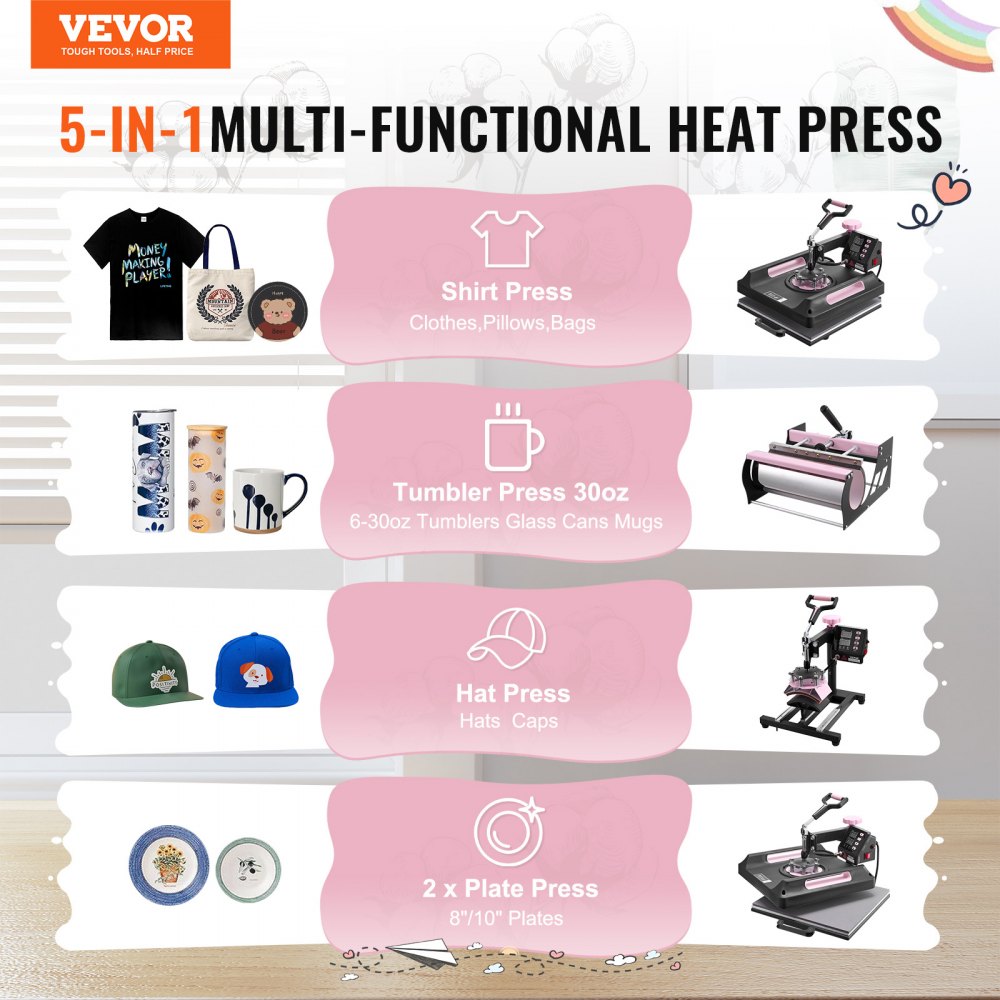 VEVOR Heat Press Machine 15 x 15 Inch 8 in 1 Heat Transfer Machine Black, for T-Shirts/Mugs/Hats/Plates, with 30 oz Tumbler Press, 360° Swing Away T-Shirt Pressing, Digital Control, PTFE Coating