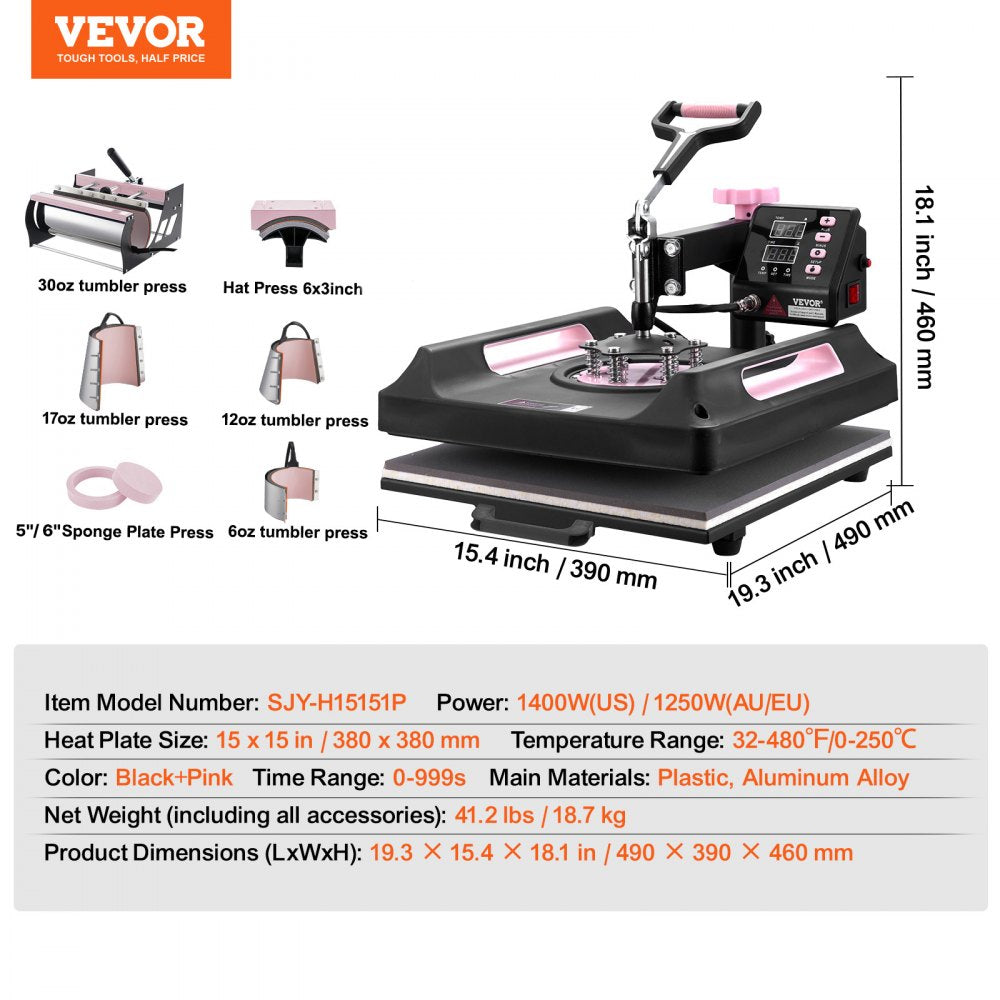 VEVOR Heat Press Machine 15 x 15 Inch 8 in 1 Heat Transfer Machine Black, for T-Shirts/Mugs/Hats/Plates, with 30 oz Tumbler Press, 360° Swing Away T-Shirt Pressing, Digital Control, PTFE Coating