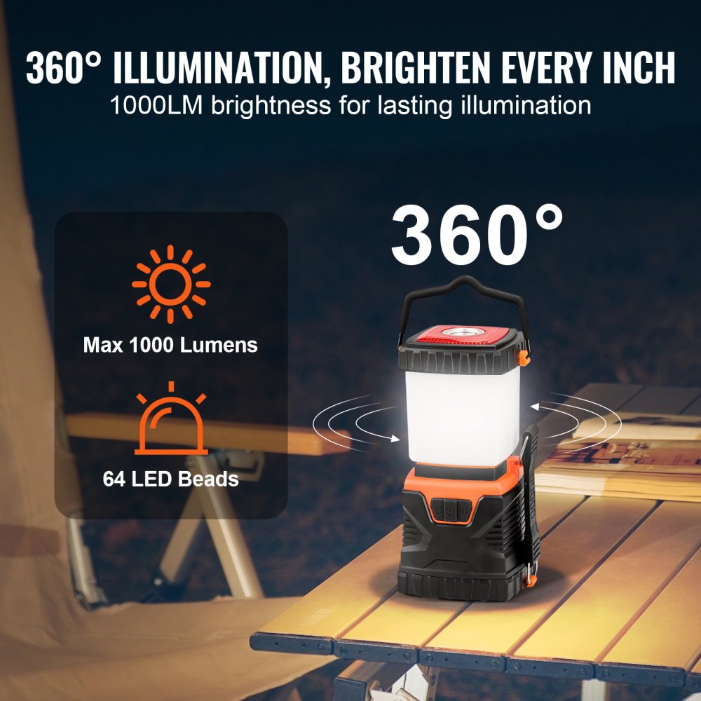 VEVOR LED Camping Lantern, All-in-one, 1000LM, 360° Illumination, 4 Lighting Modes, Battery Powered Light, Outdoor Robust Flashlight, Built to Last Light, Ideal for Hiking Fishing Outages Repairs