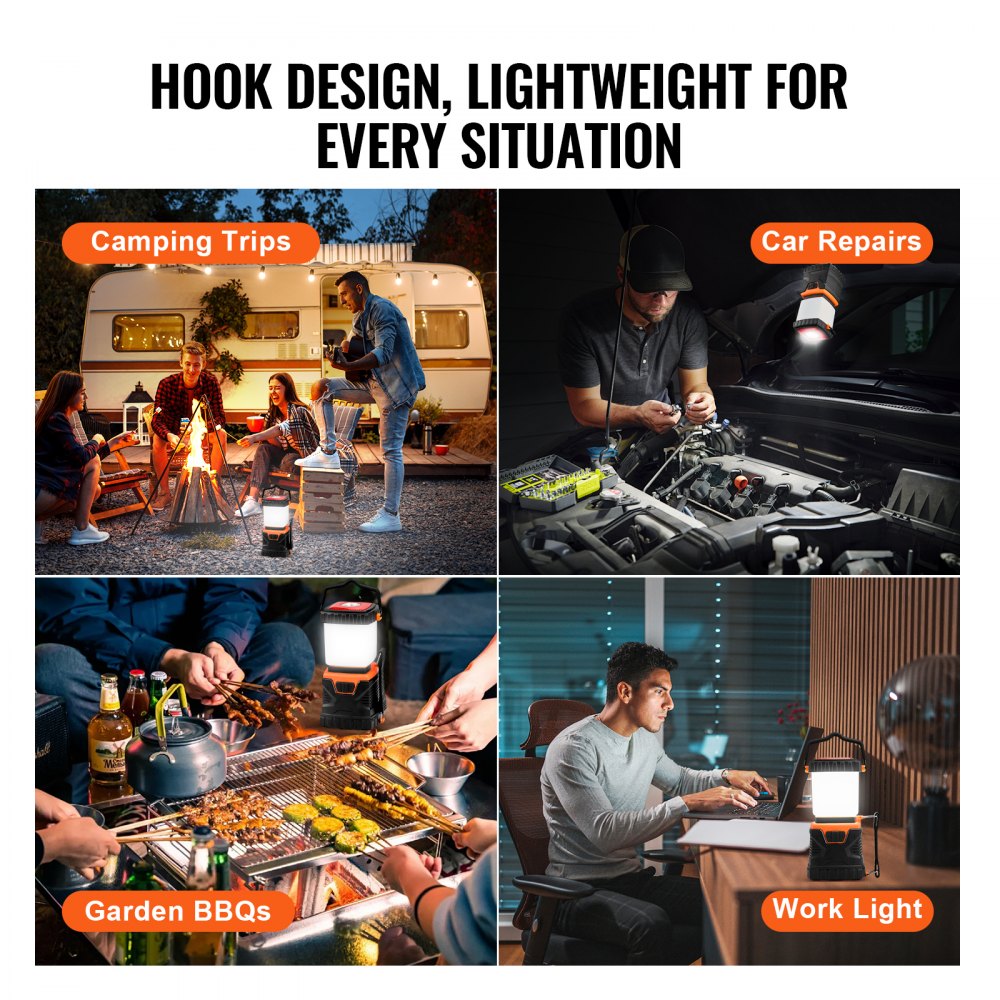VEVOR LED Camping Lantern, All-in-one, 1000LM, 360° Illumination, 4 Lighting Modes, Rechargeable Outdoor Flashlight, USB Charging, Durable Robust Light, Ideal for Hiking Fishing Outages Car Repairs