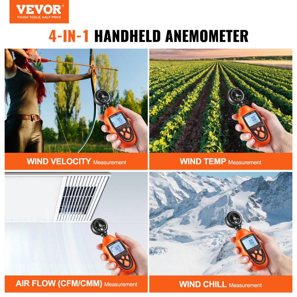VEVOR Portable Anemometer, Temperature Range 14℉-113℉, Equipped with LED Backlit Display, Captures Wind Speed, Temperature, Air Volume, and Chill Factor, Ideal for Boating, Kite Surfing, Drone Pilo