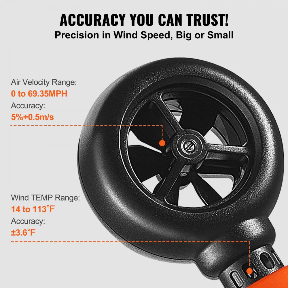 VEVOR Portable Anemometer, Temperature Range 14℉-113℉, Equipped with LED Backlit Display, Captures Wind Speed, Temperature, Air Volume, and Chill Factor, Ideal for Boating, Kite Surfing, Drone Pilo