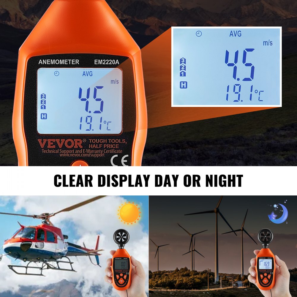 VEVOR Portable Anemometer, Temperature Range 14℉-113℉, Equipped with LED Backlit Display, Captures Wind Speed, Temperature, Air Volume, and Chill Factor, Ideal for Boating, Kite Surfing, Drone Pilo