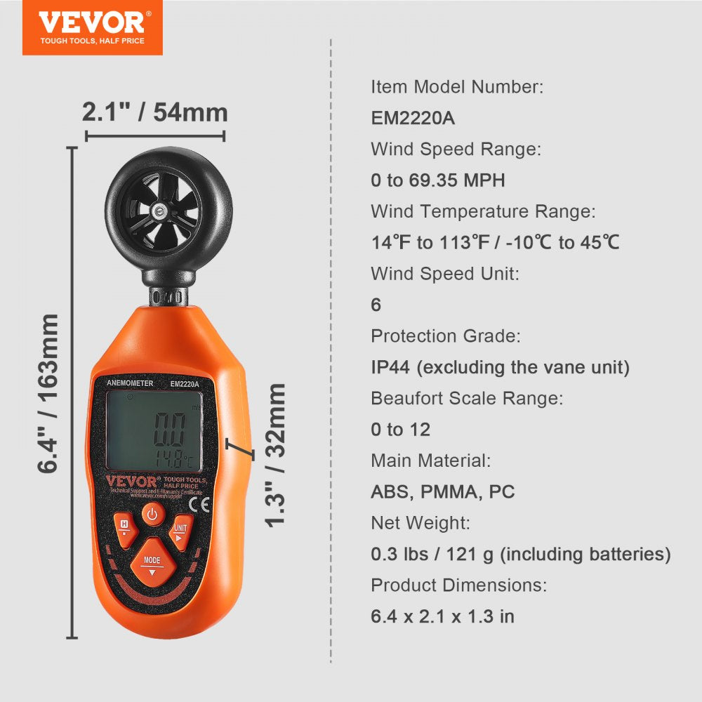 VEVOR Portable Anemometer, Temperature Range 14℉-113℉, Equipped with LED Backlit Display, Captures Wind Speed, Temperature, Air Volume, and Chill Factor, Ideal for Boating, Kite Surfing, Drone Pilo