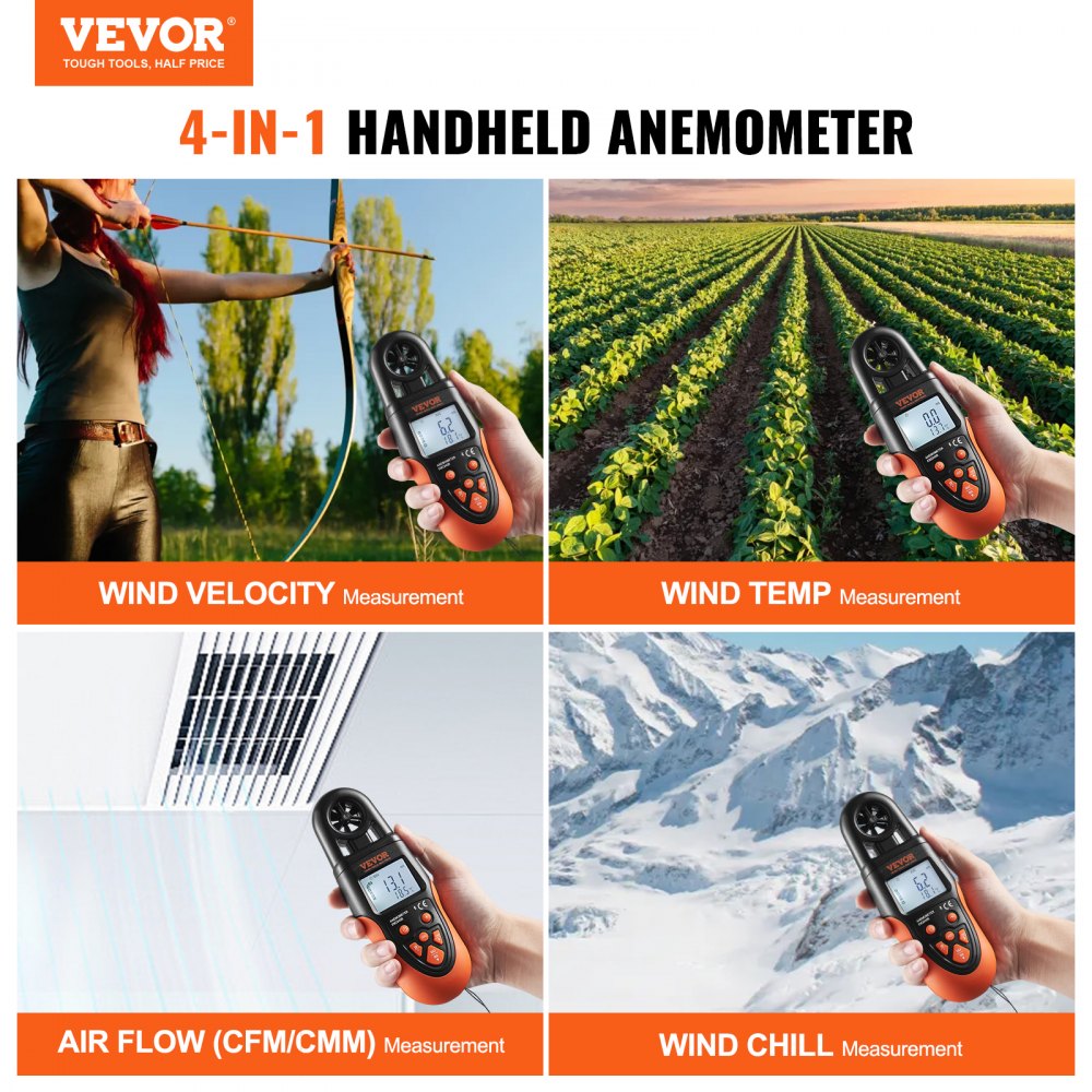 VEVOR Bluetooth Portable Anemometer, Temperature Range 14℉-140℉, Digital Device for Measuring Wind Speed, Temperature, Air Flow, and Wind Chill, Equipped with LED Backlit Display, Ideal for Surfing