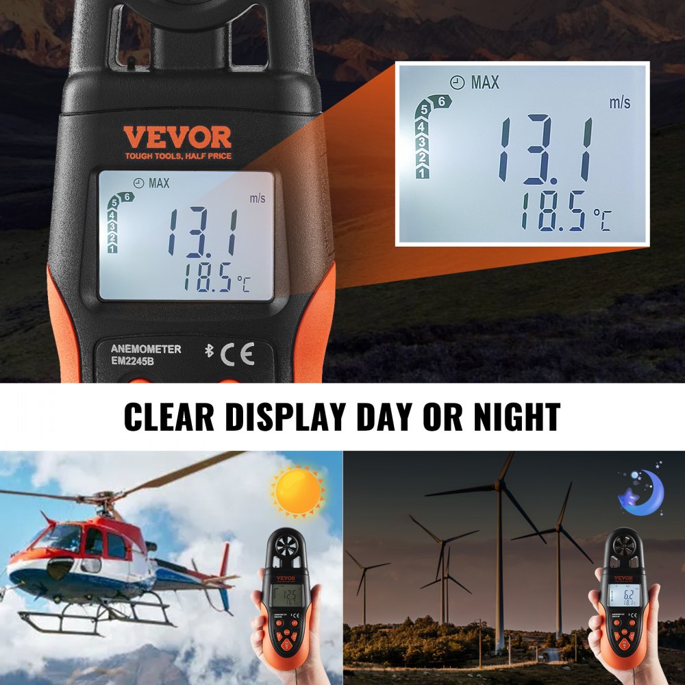 VEVOR Bluetooth Portable Anemometer, Temperature Range 14℉-140℉, Digital Device for Measuring Wind Speed, Temperature, Air Flow, and Wind Chill, Equipped with LED Backlit Display, Ideal for Surfing
