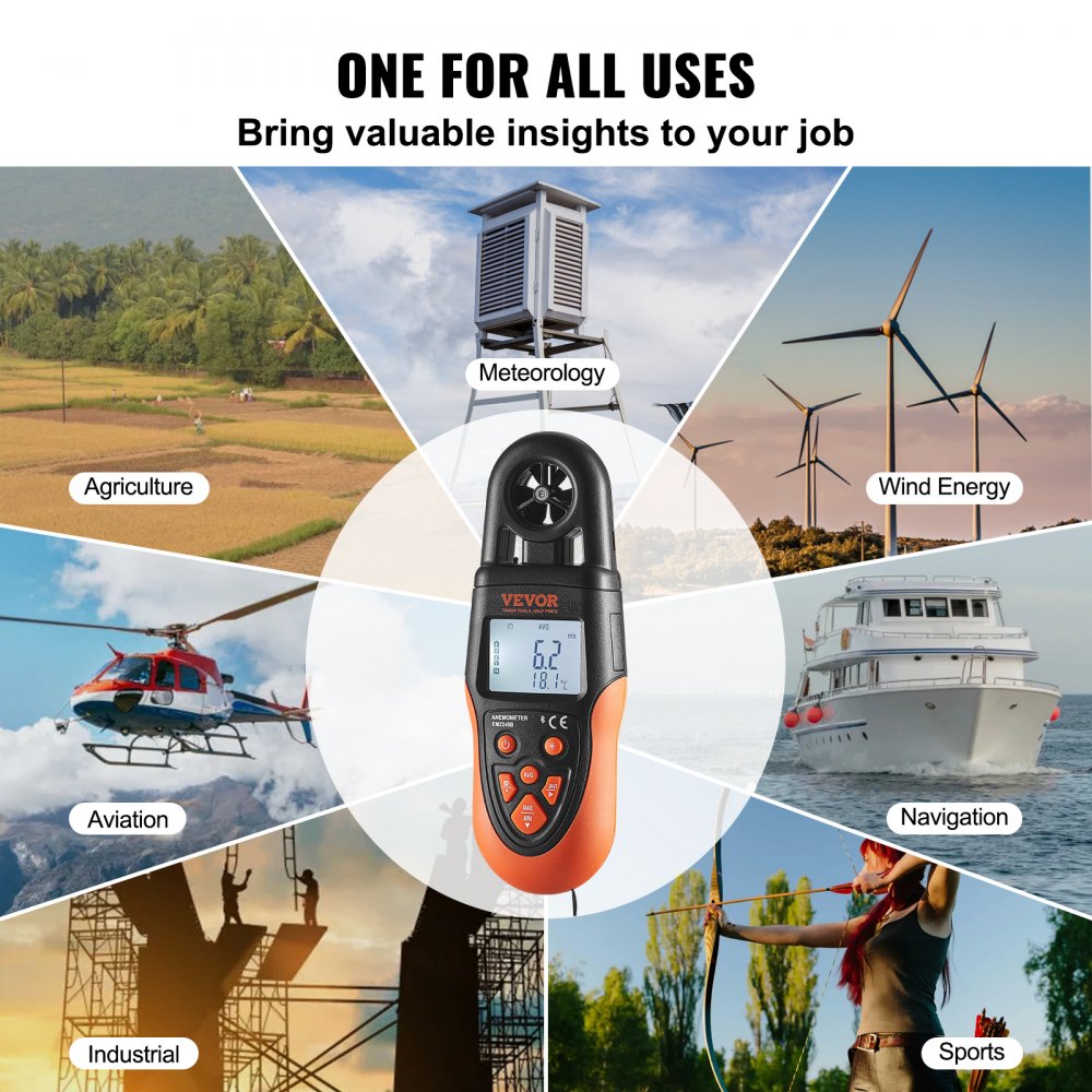 VEVOR Bluetooth Portable Anemometer, Temperature Range 14℉-140℉, Digital Device for Measuring Wind Speed, Temperature, Air Flow, and Wind Chill, Equipped with LED Backlit Display, Ideal for Surfing