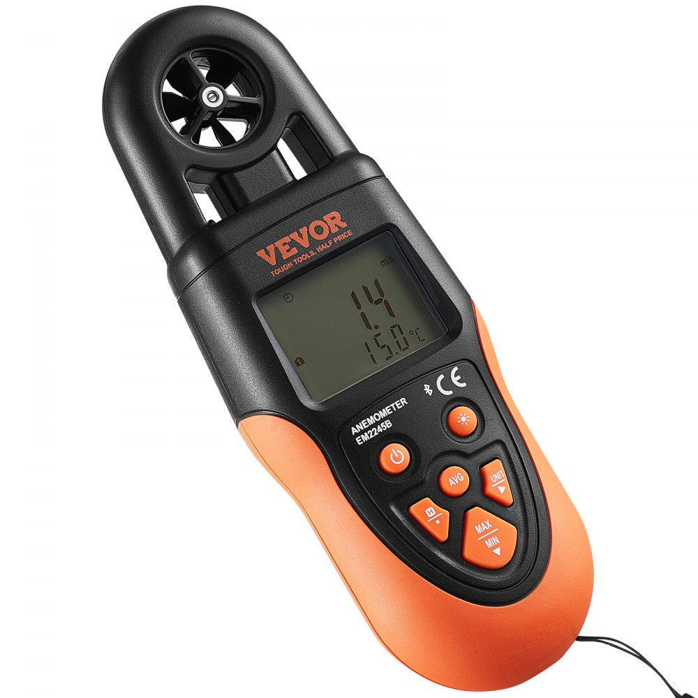 VEVOR Bluetooth Portable Anemometer, Temperature Range 14℉-140℉, Digital Device for Measuring Wind Speed, Temperature, Air Flow, and Wind Chill, Equipped with LED Backlit Display, Ideal for Surfing