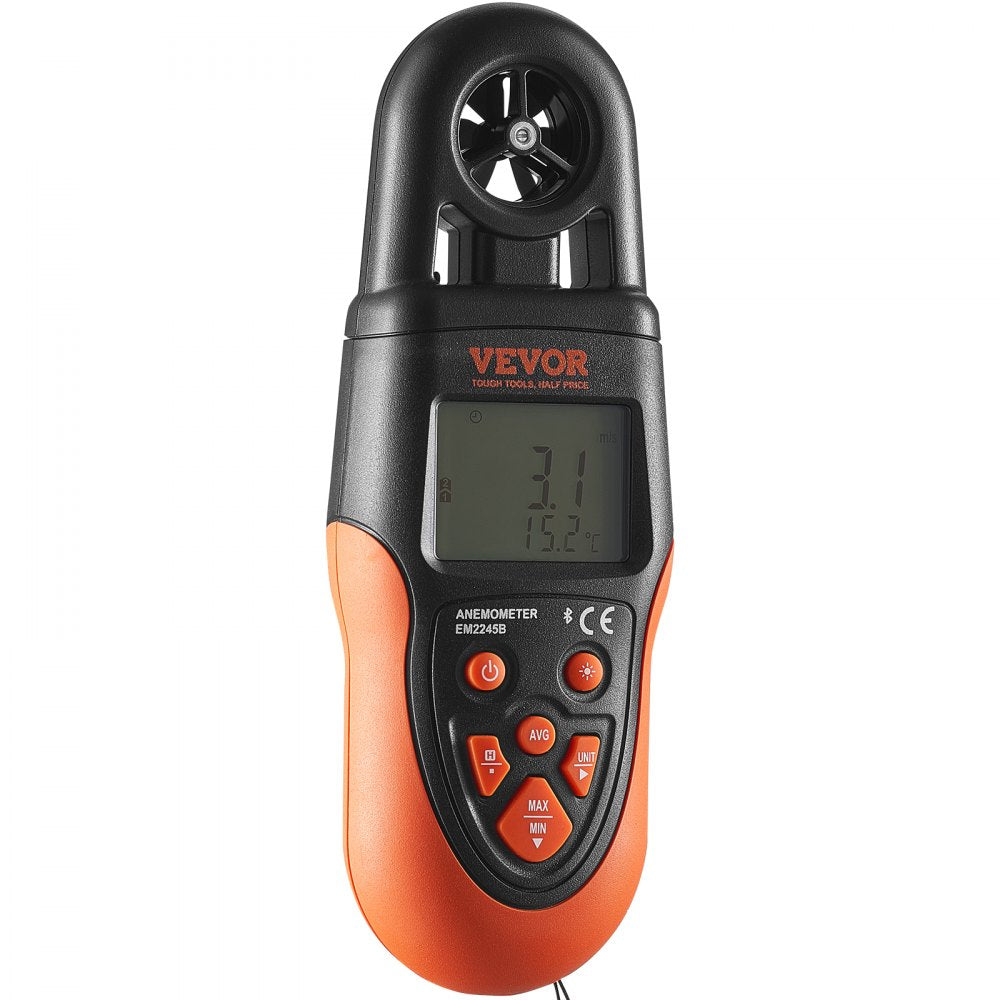 VEVOR Bluetooth Portable Anemometer, Temperature Range 14℉-140℉, Digital Device for Measuring Wind Speed, Temperature, Air Flow, and Wind Chill, Equipped with LED Backlit Display, Ideal for Surfing