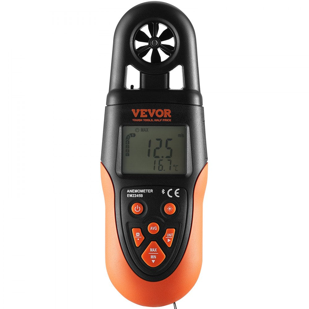 VEVOR Bluetooth Portable Anemometer, Temperature Range 14℉-140℉, Digital Device for Measuring Wind Speed, Temperature, Air Flow, and Wind Chill, Equipped with LED Backlit Display, Ideal for Surfing