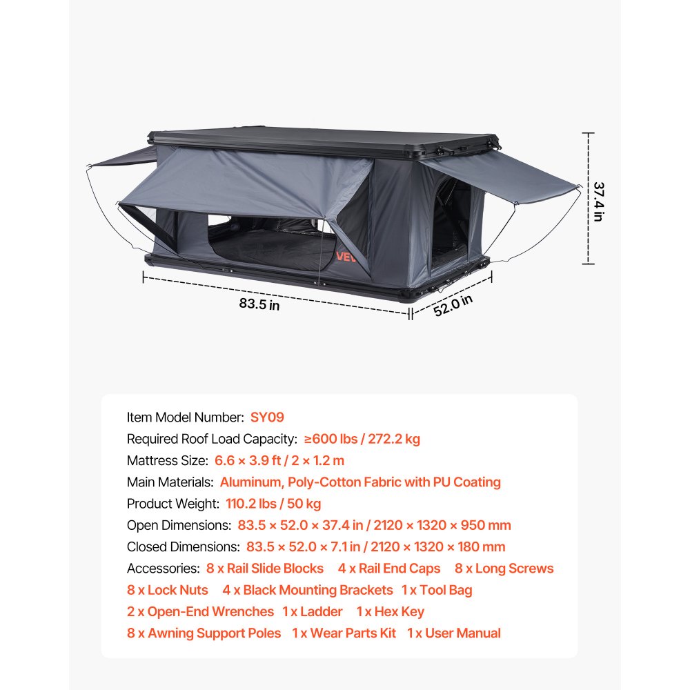 VEVOR Rooftop Tent Hard Shell, 2-3 Person Aluminum Roof Top Tent Hardshell with Tri-Color LED Light, Thick Mattress & 2 Windows, Waterproof Windproof Overland Camping Car Roof Rack for Jeep SUV Pickup