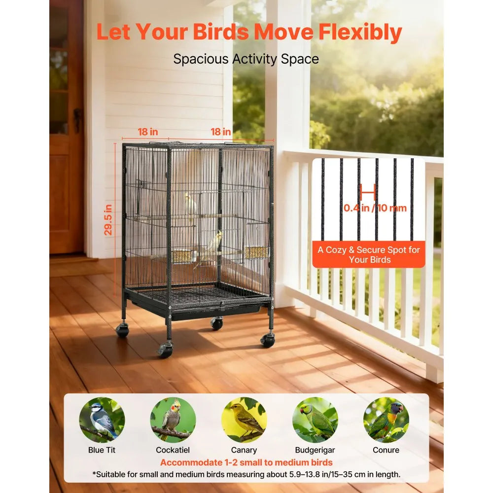 VEVOR Bird Cage, 18 x 18 x 30 inch, Open Flat Top, Wrought Iron Bird Flight Cage with Perches, Slide-Out Tray and Plastic Feeders, Casters, for Parrot, Blue Tit, Cockatiel, Canary, Budgerigar, Conure