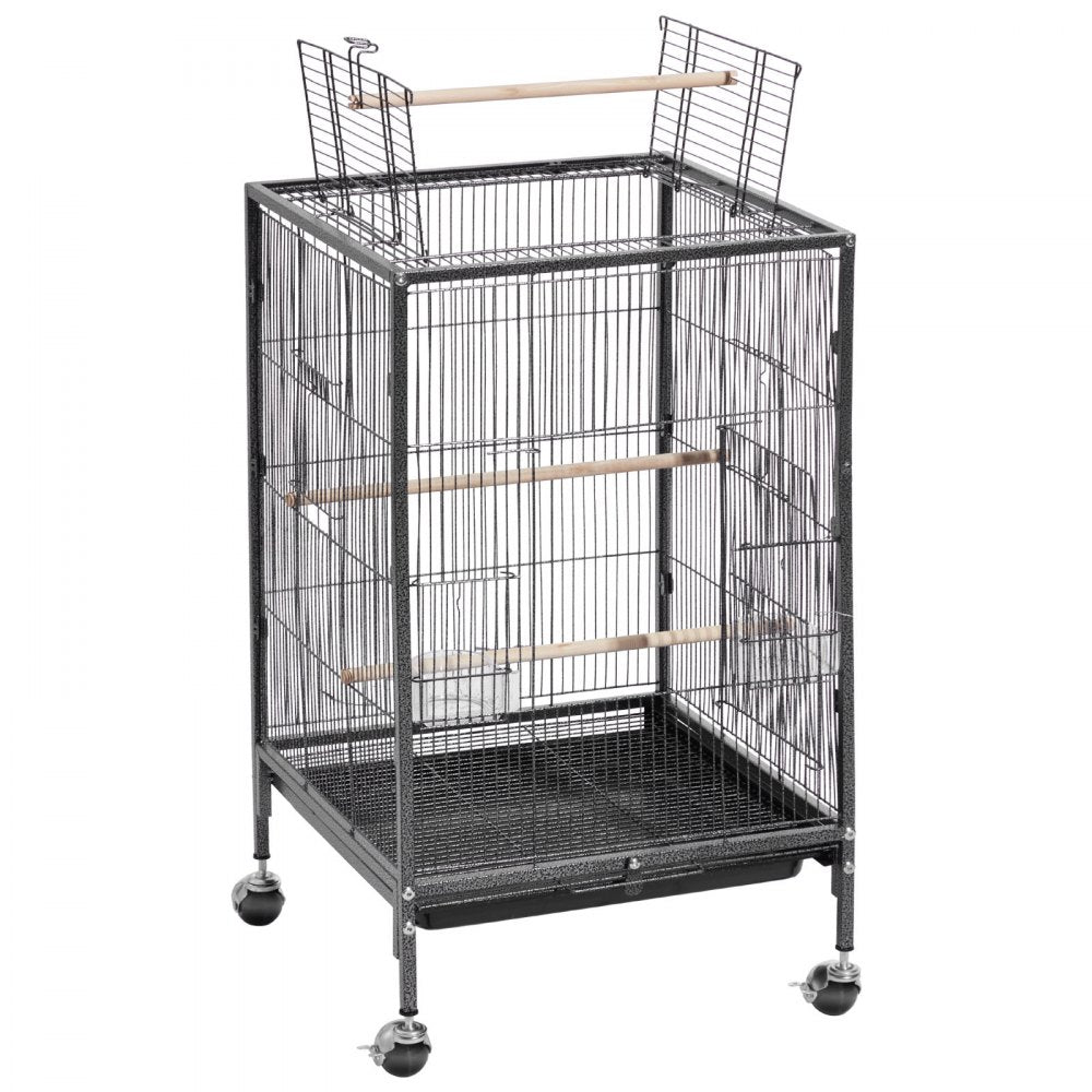 VEVOR Bird Cage, 18 x 18 x 30 inch, Open Flat Top, Wrought Iron Bird Flight Cage with Perches, Slide-Out Tray and Plastic Feeders, Casters, for Parrot, Blue Tit, Cockatiel, Canary, Budgerigar, Conure