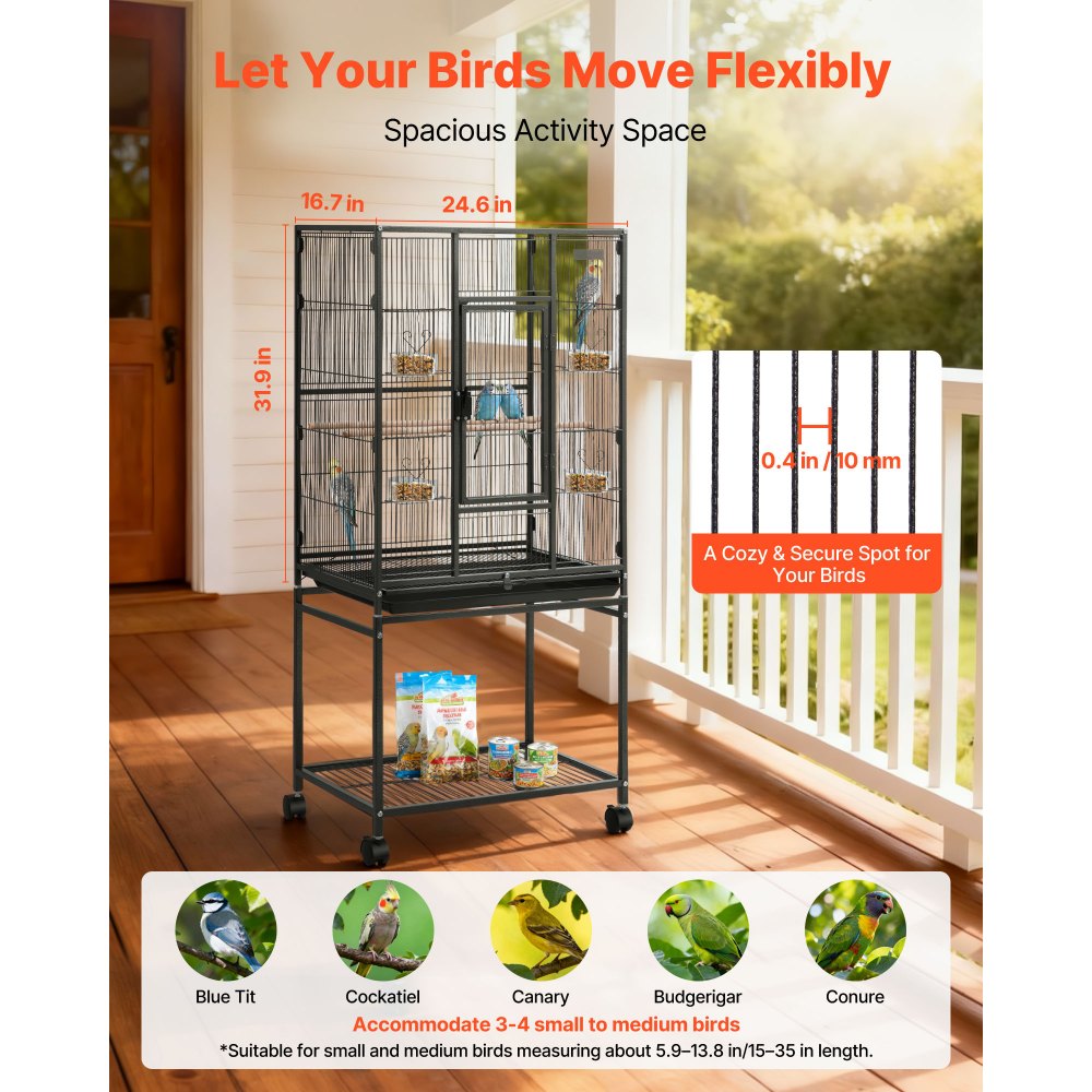 VEVOR Bird Cage, 24.6 x 16.7 x 53.9 inch, Flat Top, Wrought Iron Bird Flight Cage with Perches, Slide-Out Tray and Plastic Feeders, Casters, for Parrot, Blue Tit, Cockatiel, Canary, Budgerigar, Conure
