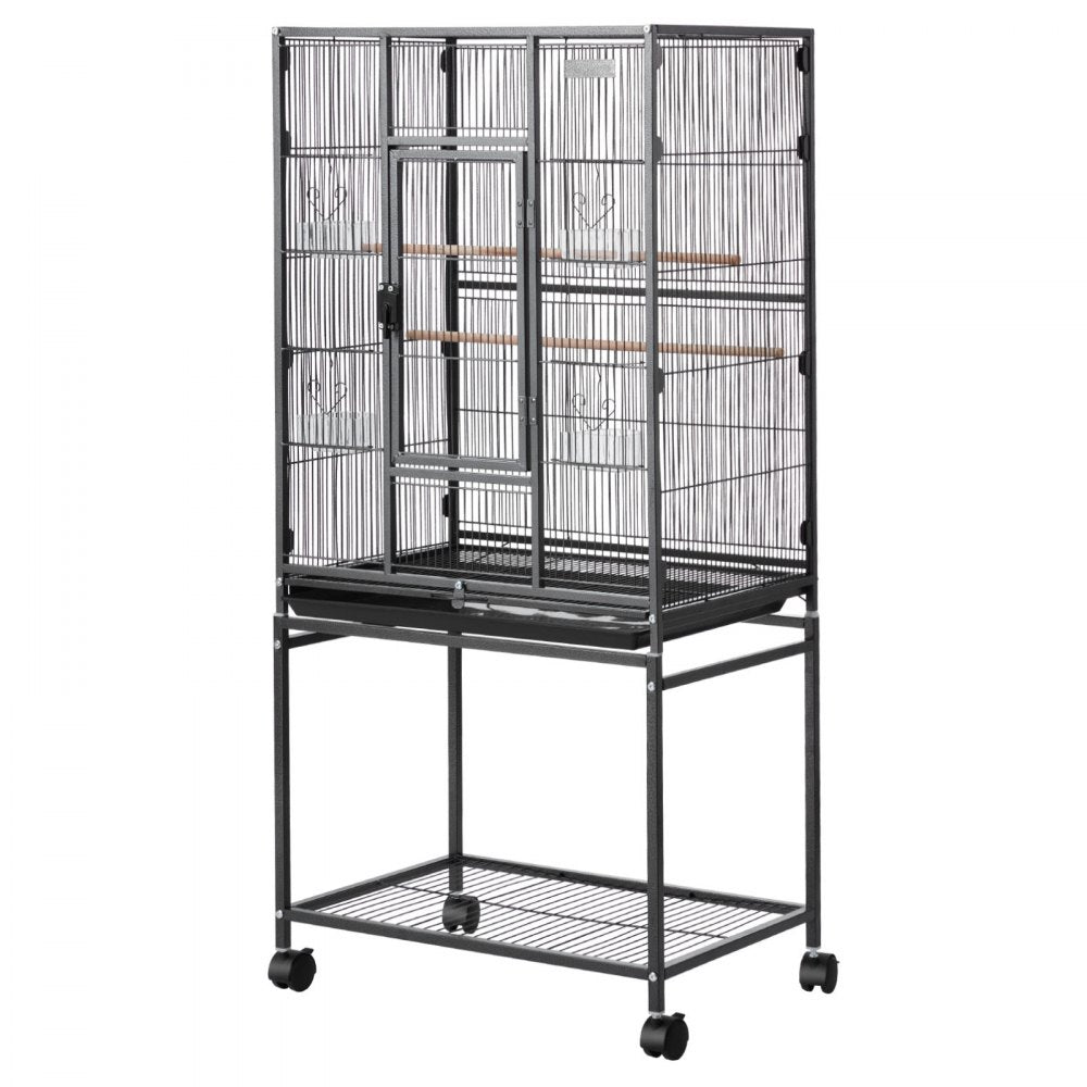 VEVOR Bird Cage, 24.6 x 16.7 x 53.9 inch, Flat Top, Wrought Iron Bird Flight Cage with Perches, Slide-Out Tray and Plastic Feeders, Casters, for Parrot, Blue Tit, Cockatiel, Canary, Budgerigar, Conure