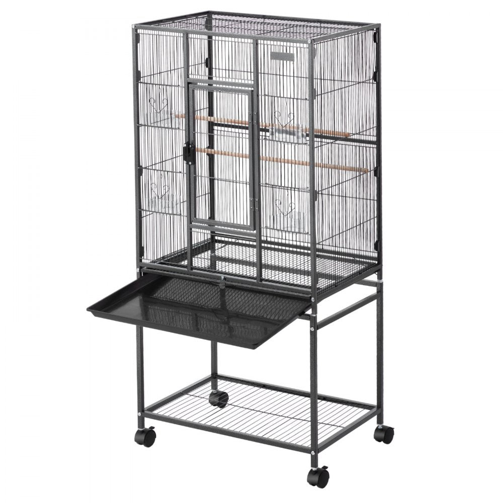 VEVOR Bird Cage, 24.6 x 16.7 x 53.9 inch, Flat Top, Wrought Iron Bird Flight Cage with Perches, Slide-Out Tray and Plastic Feeders, Casters, for Parrot, Blue Tit, Cockatiel, Canary, Budgerigar, Conure