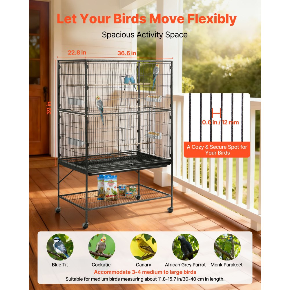 VEVOR Bird Cage, 36.6 x 22.8 x 59.5 inch, Flat Top, Wrought Iron Bird Flight Cage with Perches, Slide-Out Tray and Plastic Feeders, for Blue Tit, Cockatiel, Canary, Monk Parakeet, African Grey Parrot
