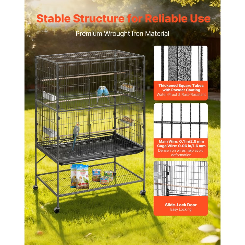 VEVOR Bird Cage, 36.6 x 22.8 x 59.5 inch, Flat Top, Wrought Iron Bird Flight Cage with Perches, Slide-Out Tray and Plastic Feeders, for Blue Tit, Cockatiel, Canary, Monk Parakeet, African Grey Parrot